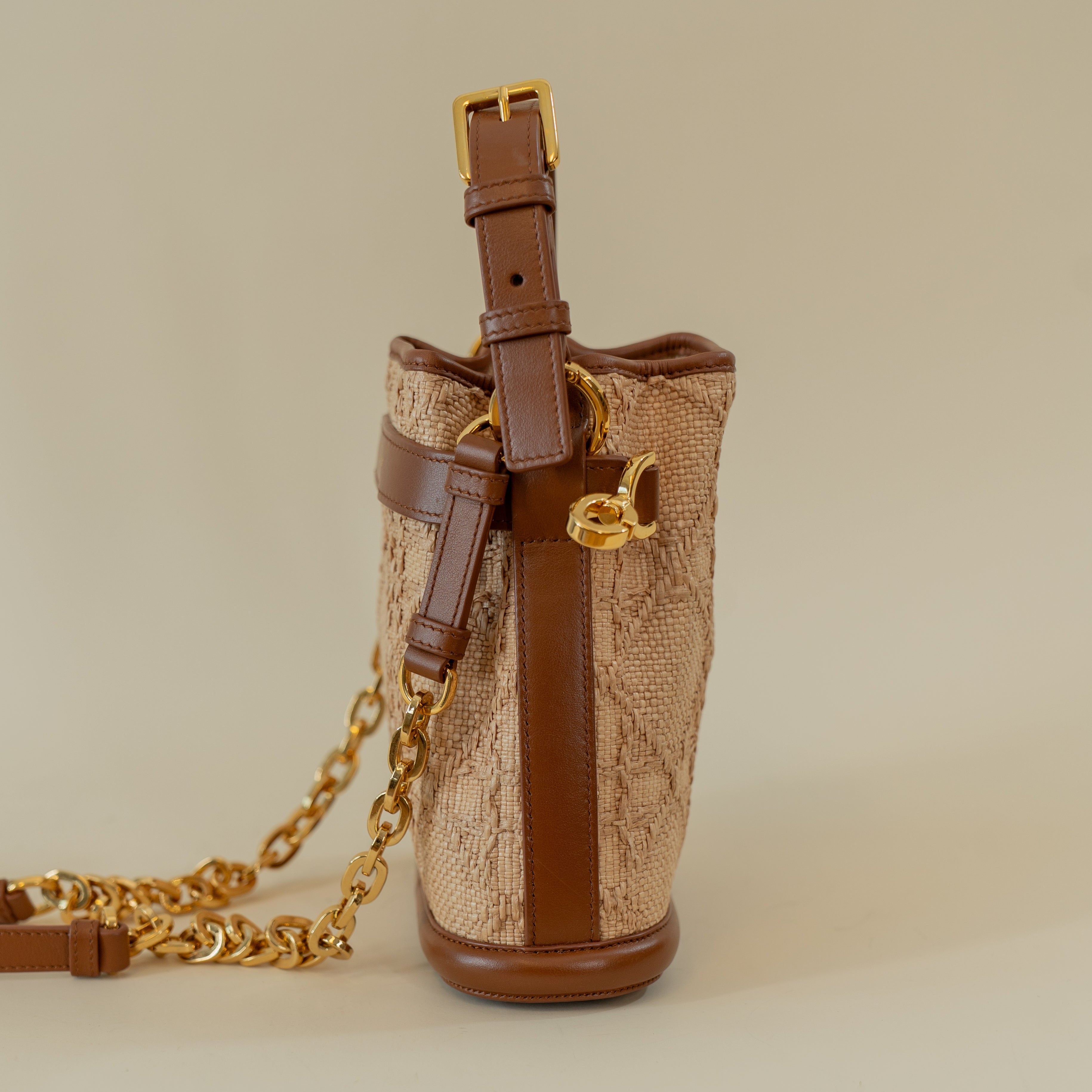 PRE-OWNED Raffia Calfskin Cannage Small C'est Dior Cannage Bucket Bag