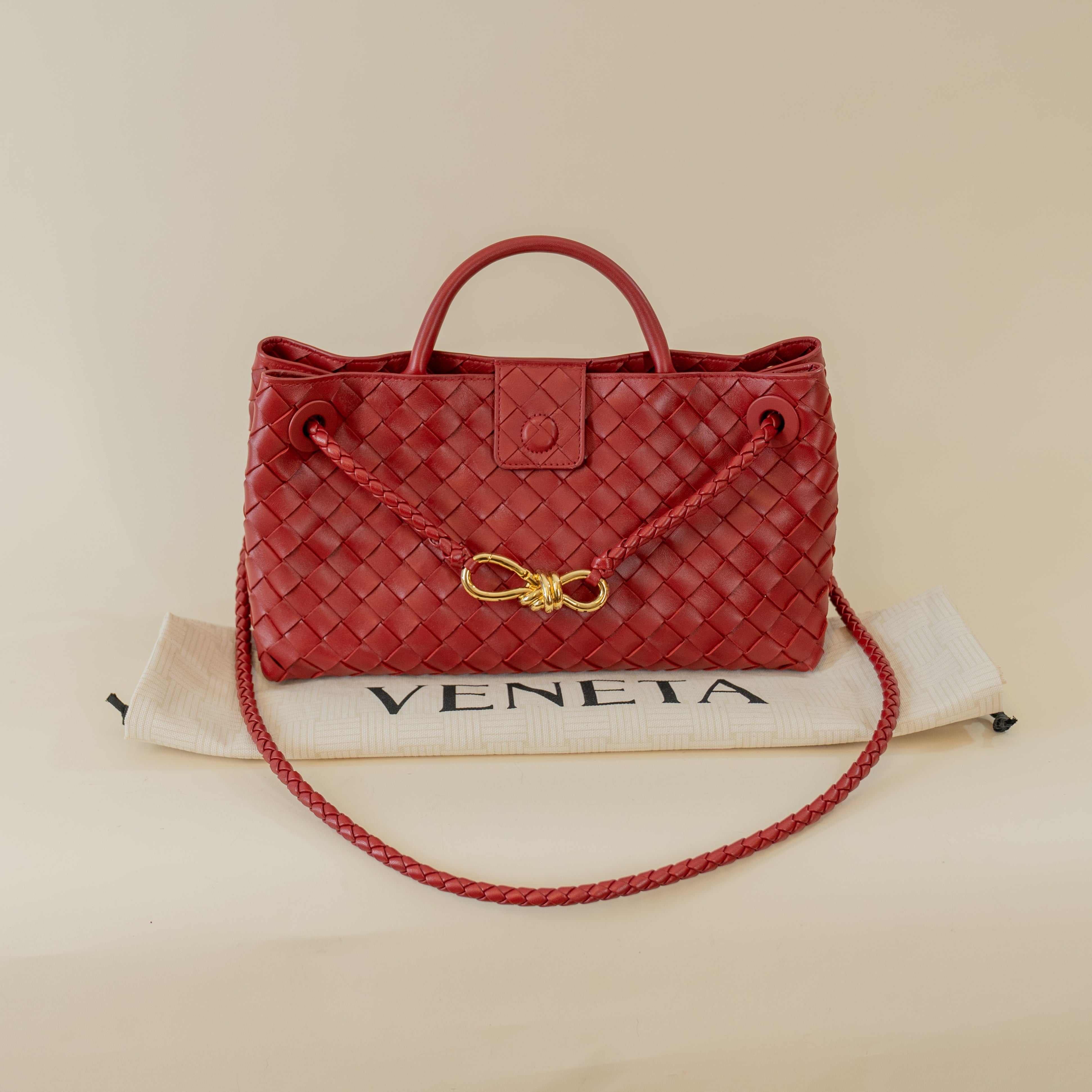 PRE-OWNED Red Lambskin East West Andiamo Shoulder Bag