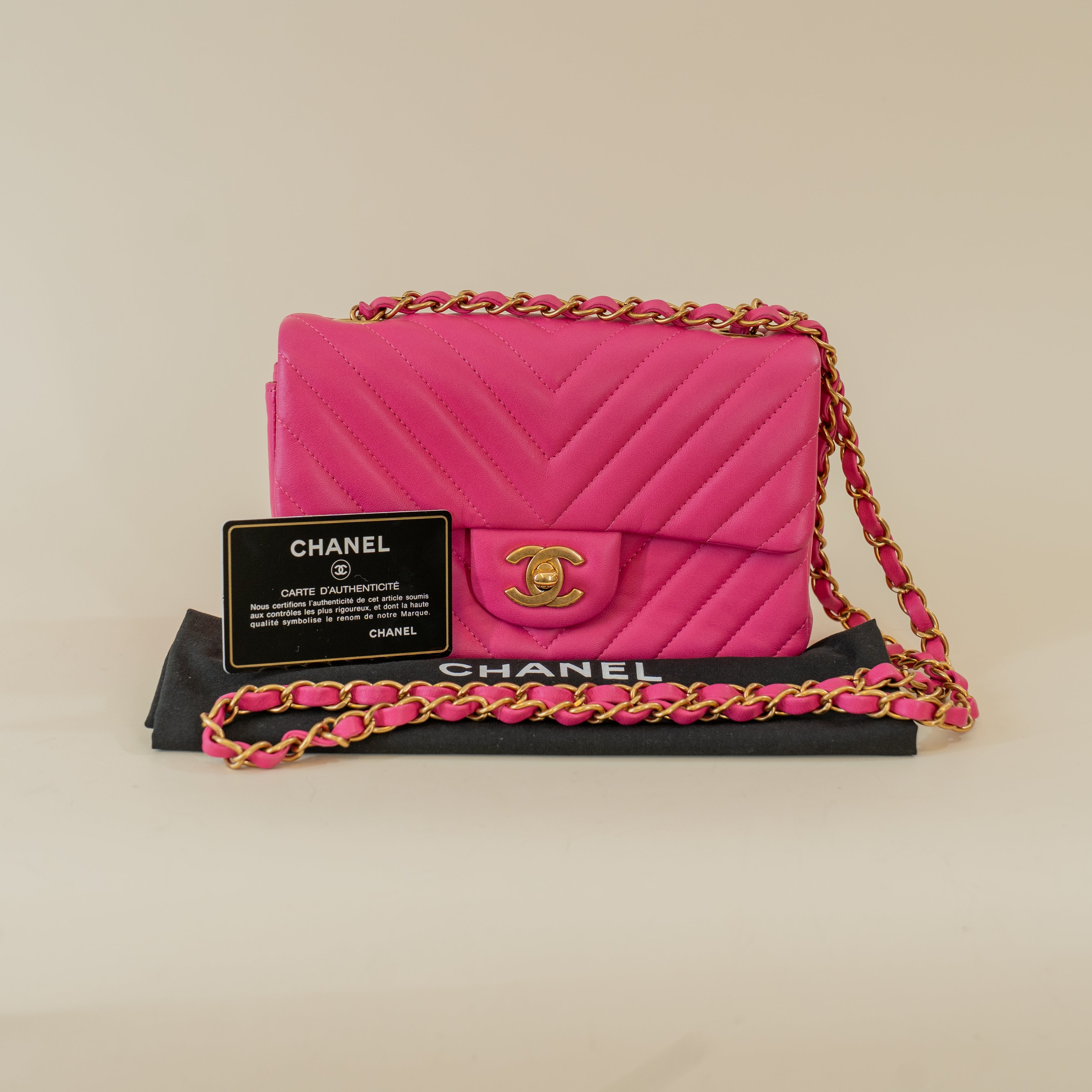 PRE-OWNED CC Pink Mini Lambskin Chevron Quilted Medium Double Flap