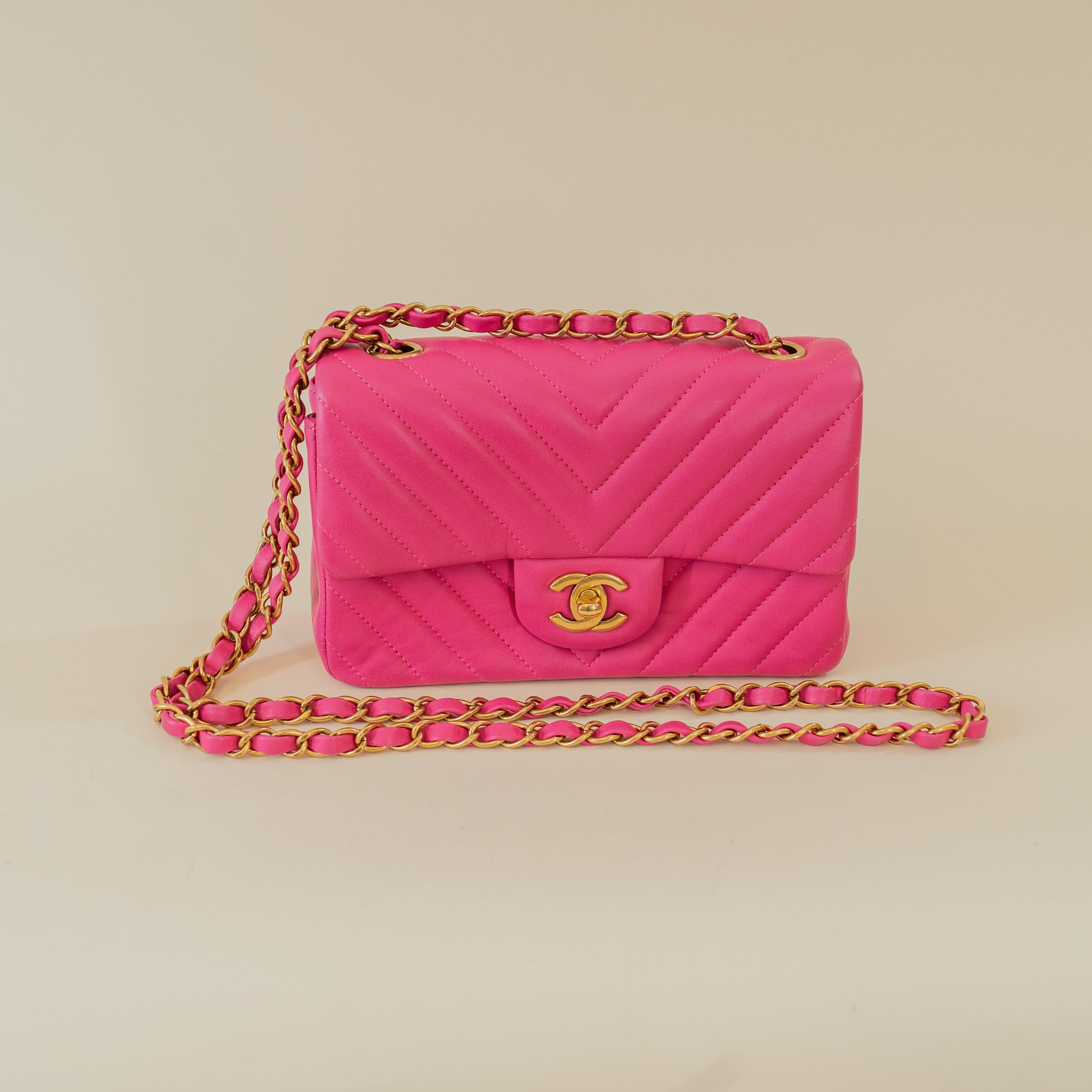 PRE-OWNED CC Pink Mini Lambskin Chevron Quilted Medium Double Flap