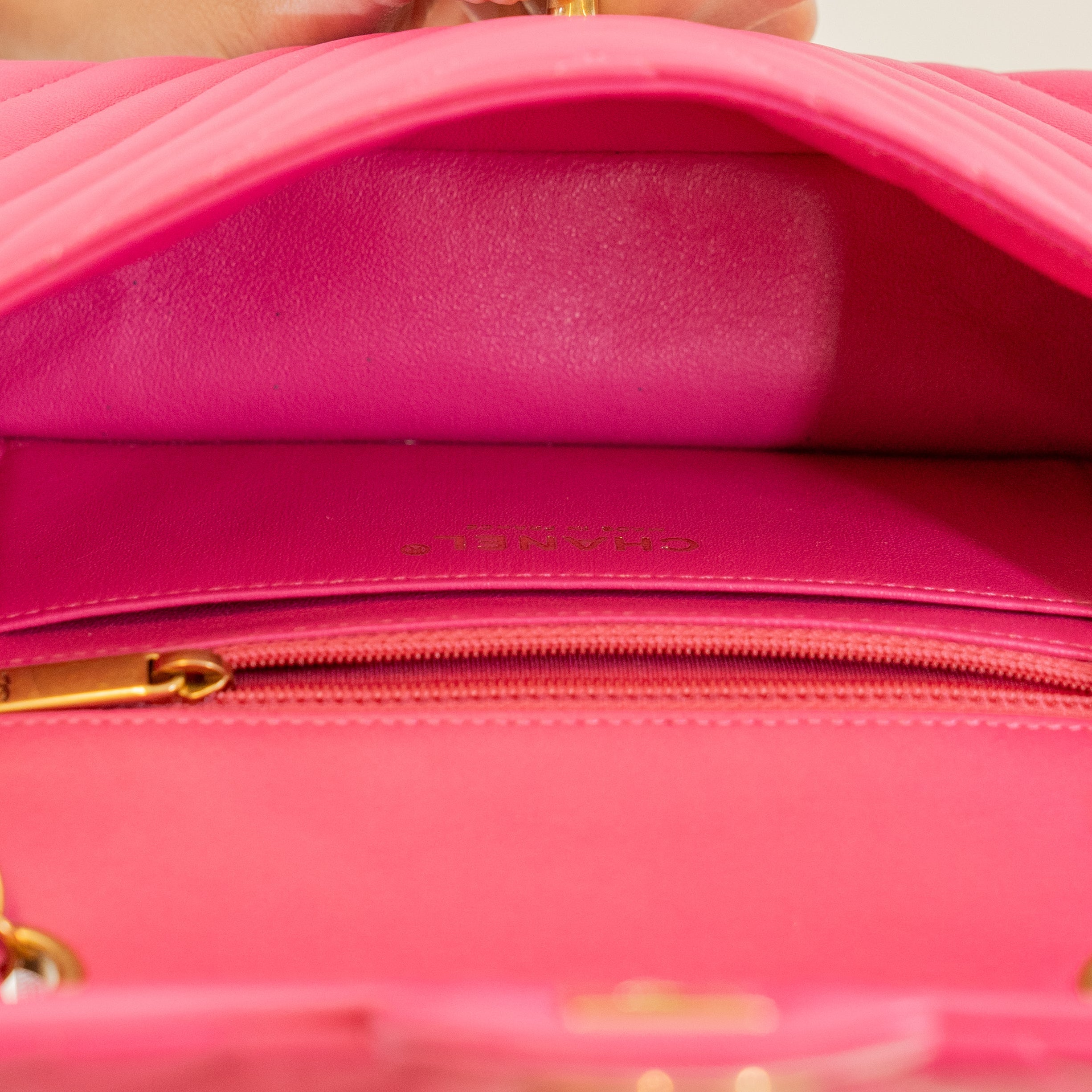 PRE-OWNED CC Pink Mini Lambskin Chevron Quilted Medium Double Flap