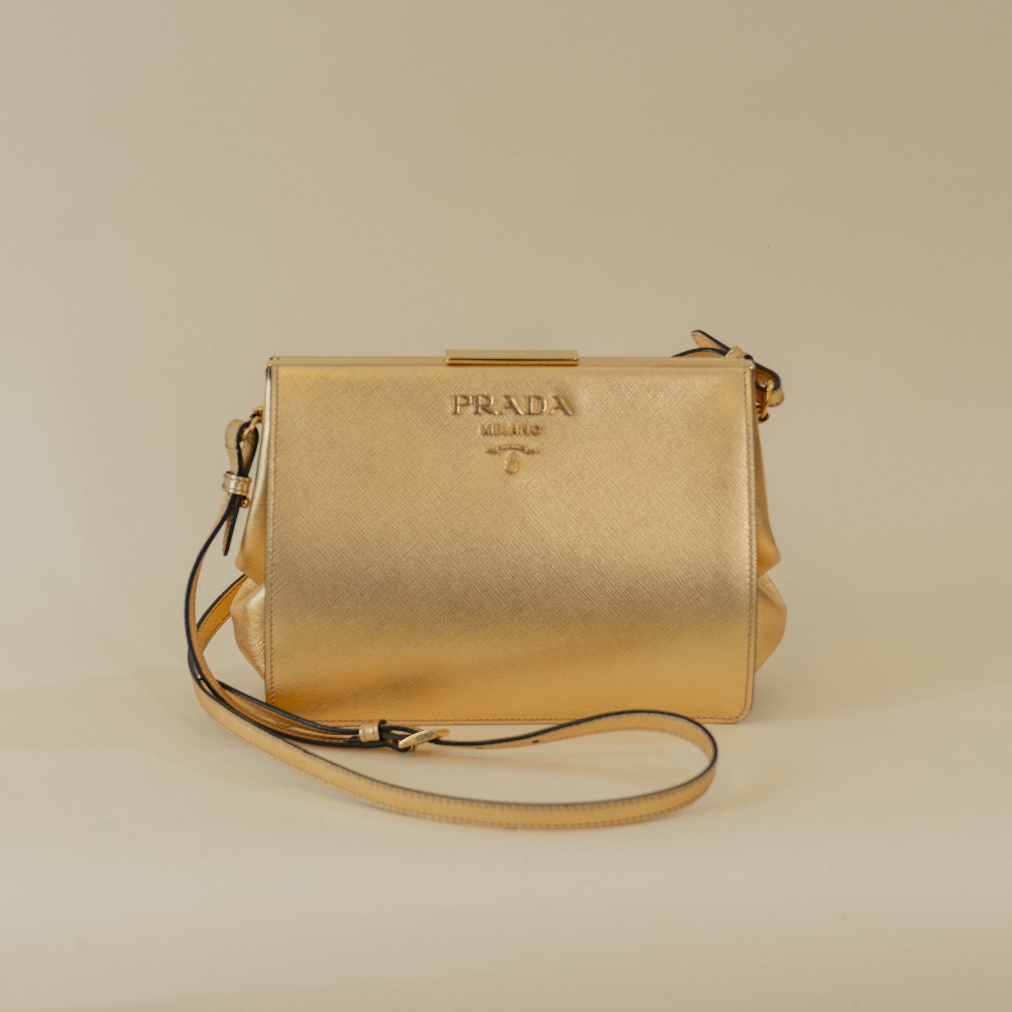 PRE-OWNED Gold Saffiano Light Frame Crossbody Bag 