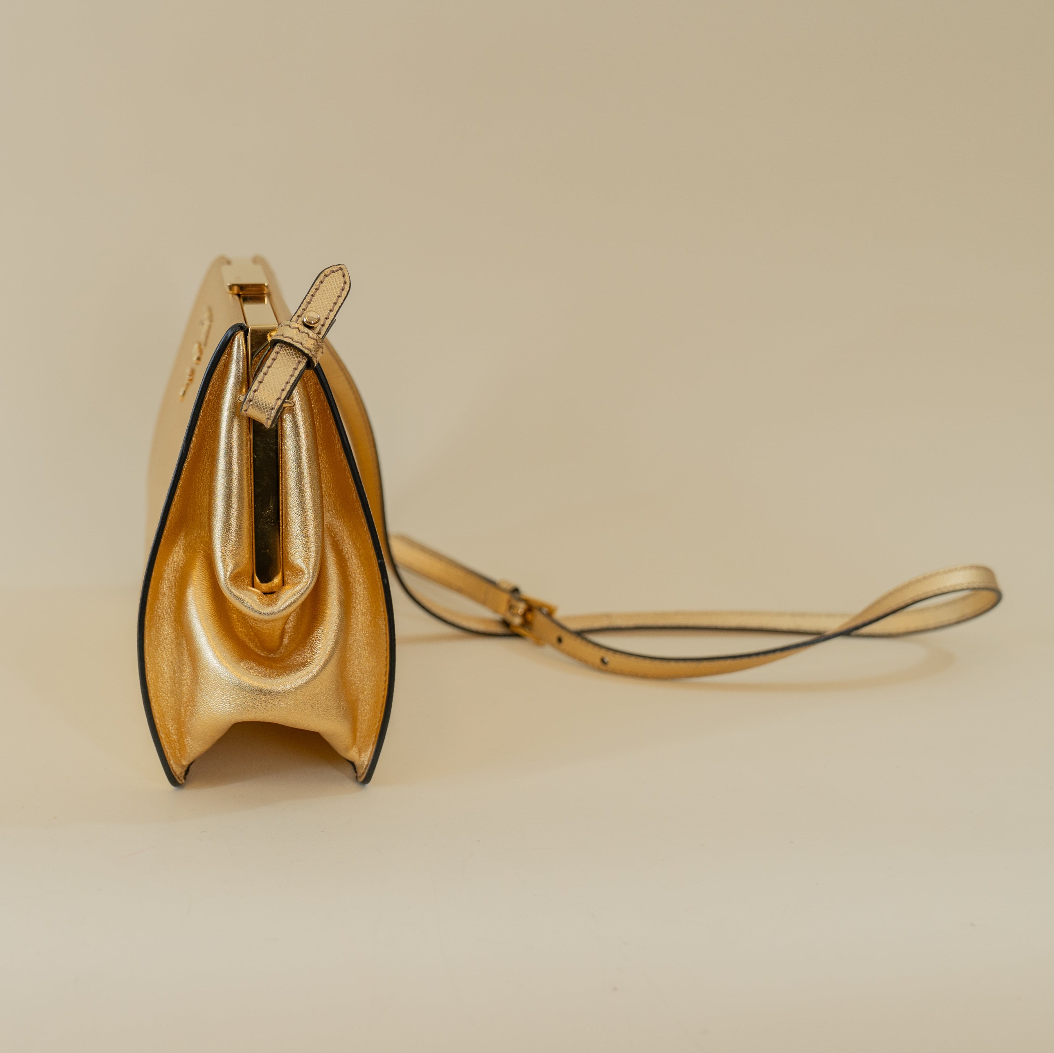 PRE-OWNED Gold Saffiano Light Frame Crossbody Bag 