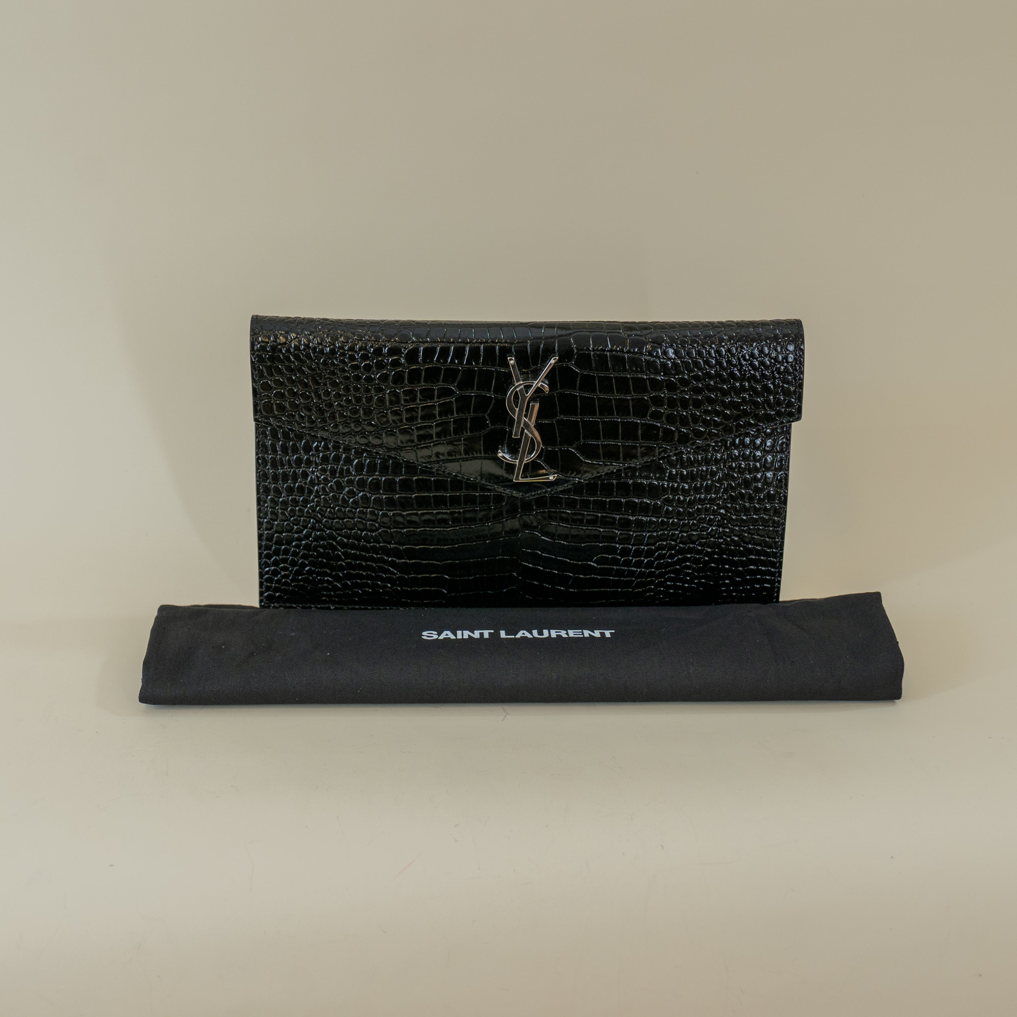 PRE-OWNED Black Calfskin Crocodile Embossed Uptown Monogram Clutch