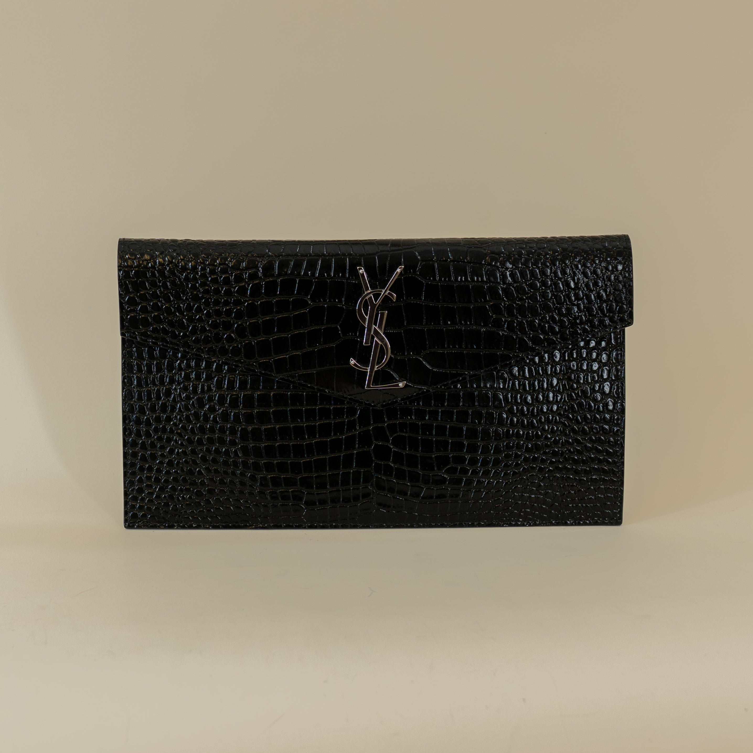 PRE-OWNED Black Calfskin Crocodile Embossed Uptown Monogram Clutch