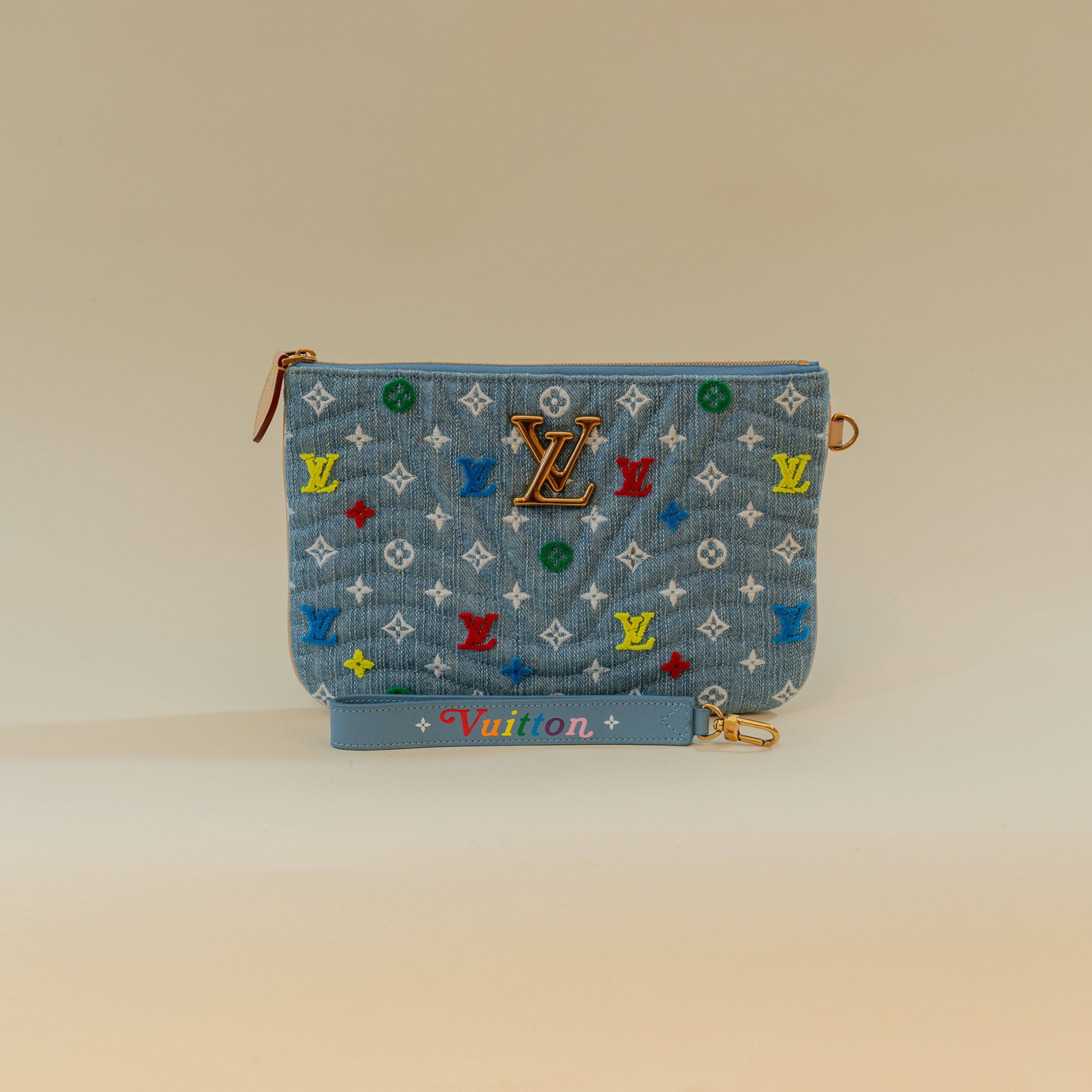 PRE-OWNED LV Embroidered Monogram Denim New Wave Zipped Pochette