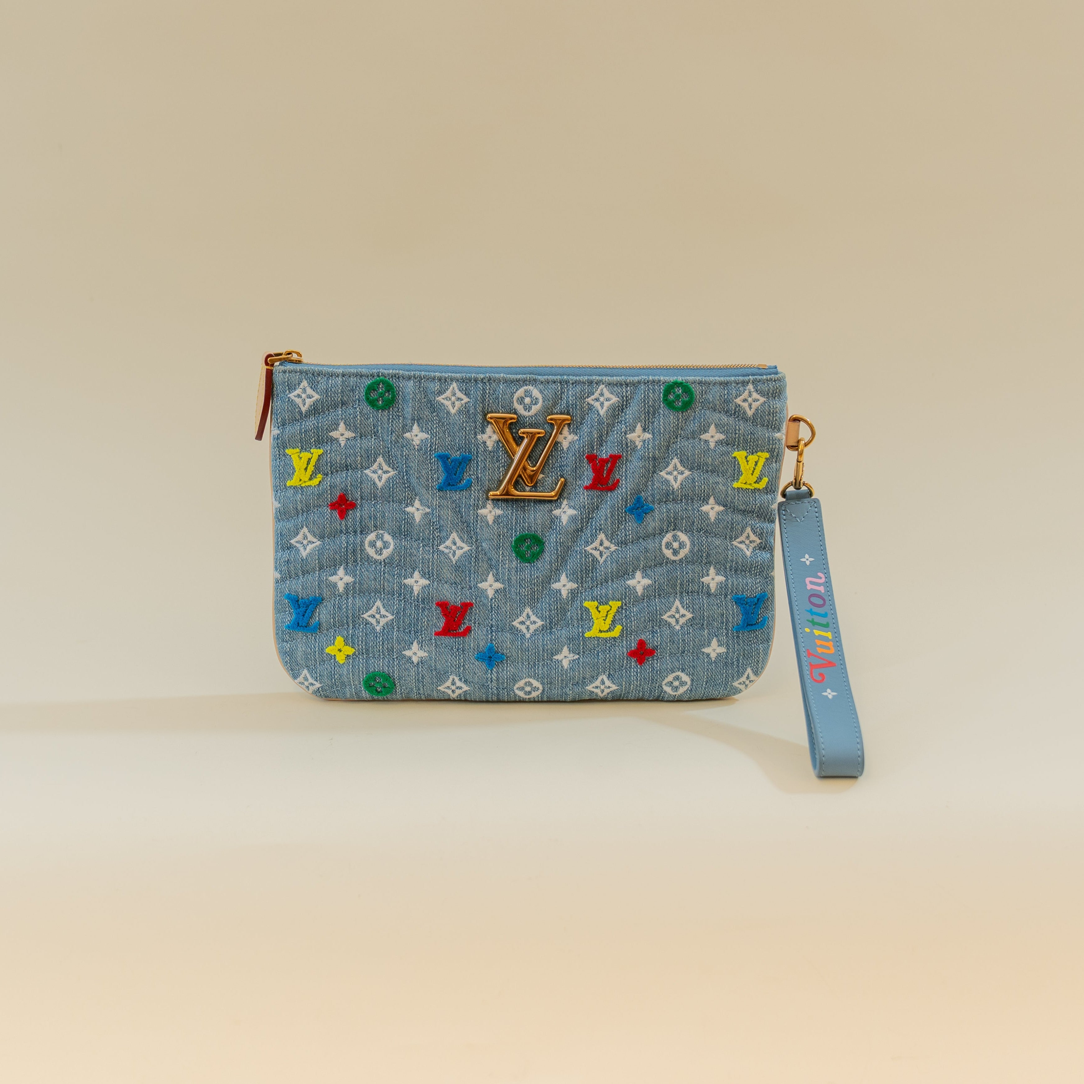 PRE-OWNED LV Embroidered Monogram Denim New Wave Zipped Pochette