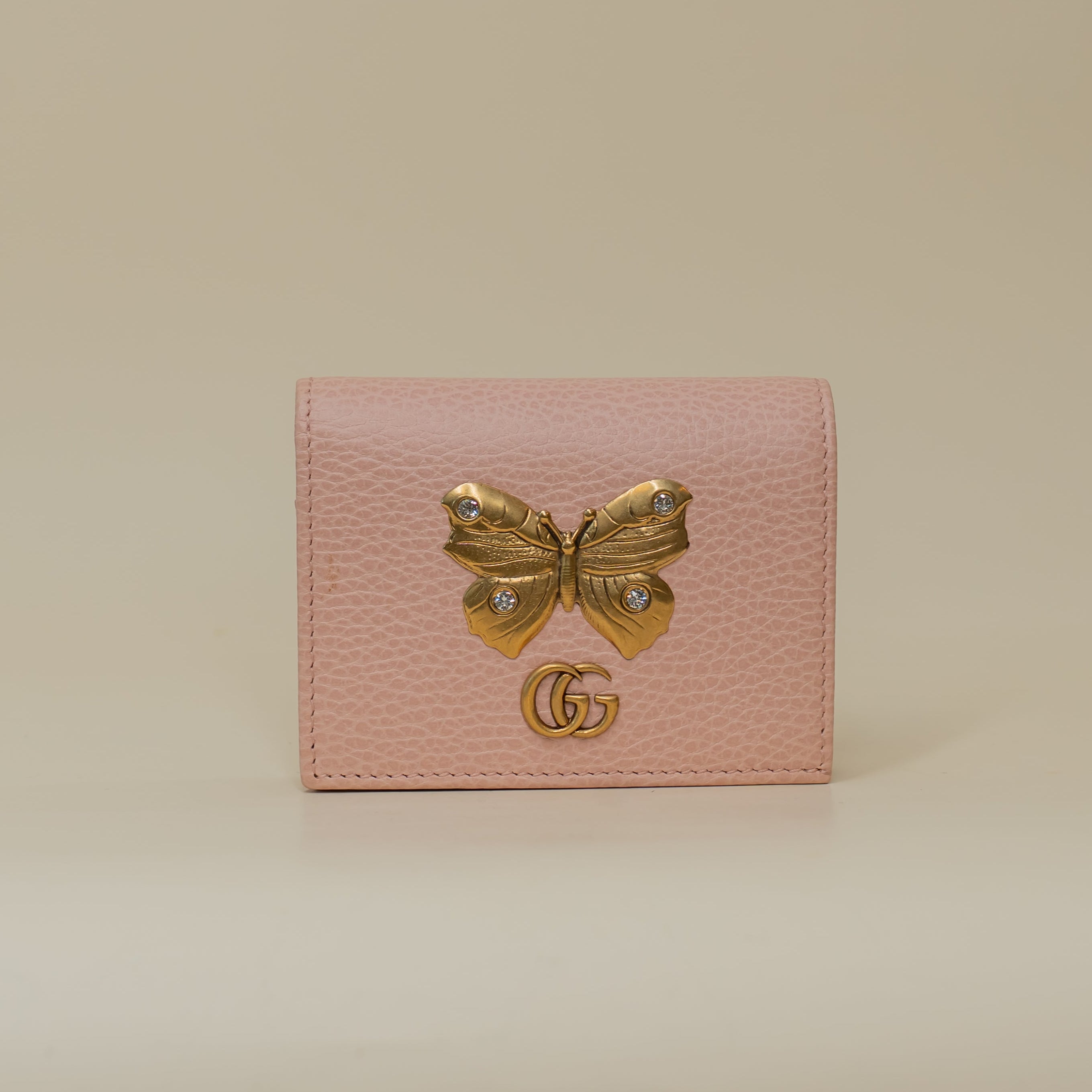 PRE-OWNED Pebbled Calfskin Butterfly Card Case Perfect Pink