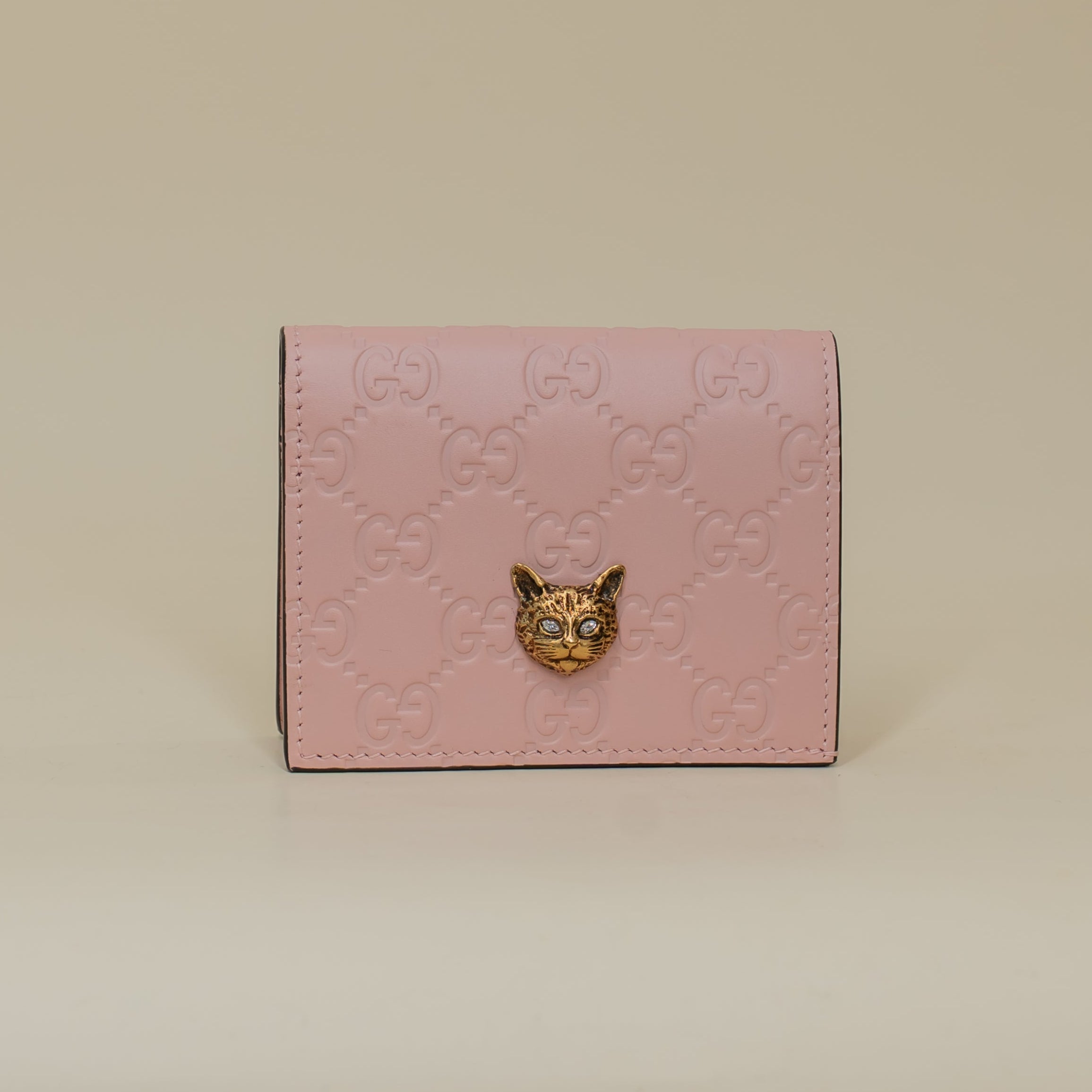 PRE-OWNED  Guccissima Signature Crystal Cat Card Case Wallet Light Pink
