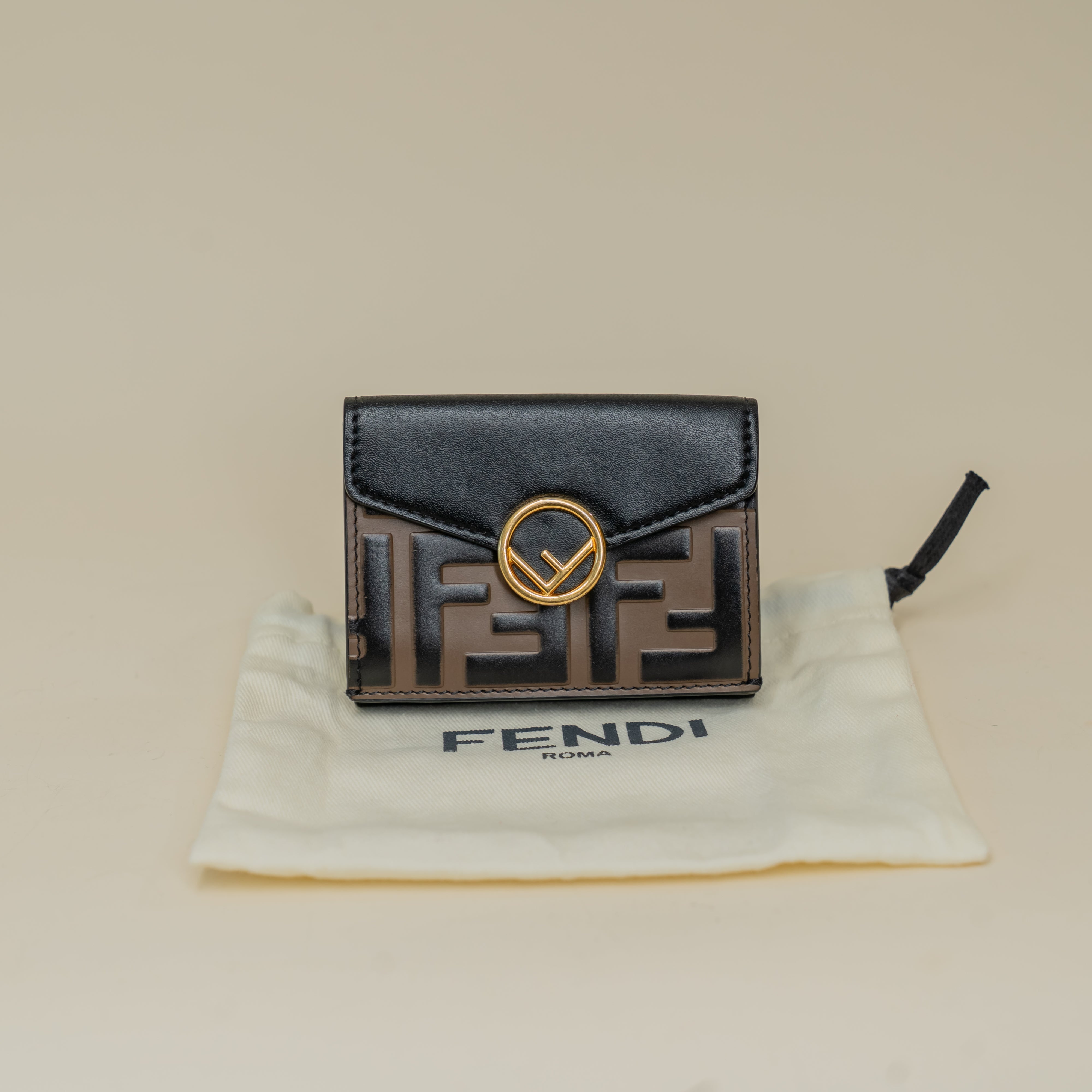 PRE-OWNED Brown Black Zucca Leather F is Fendi Trifold Wallet
