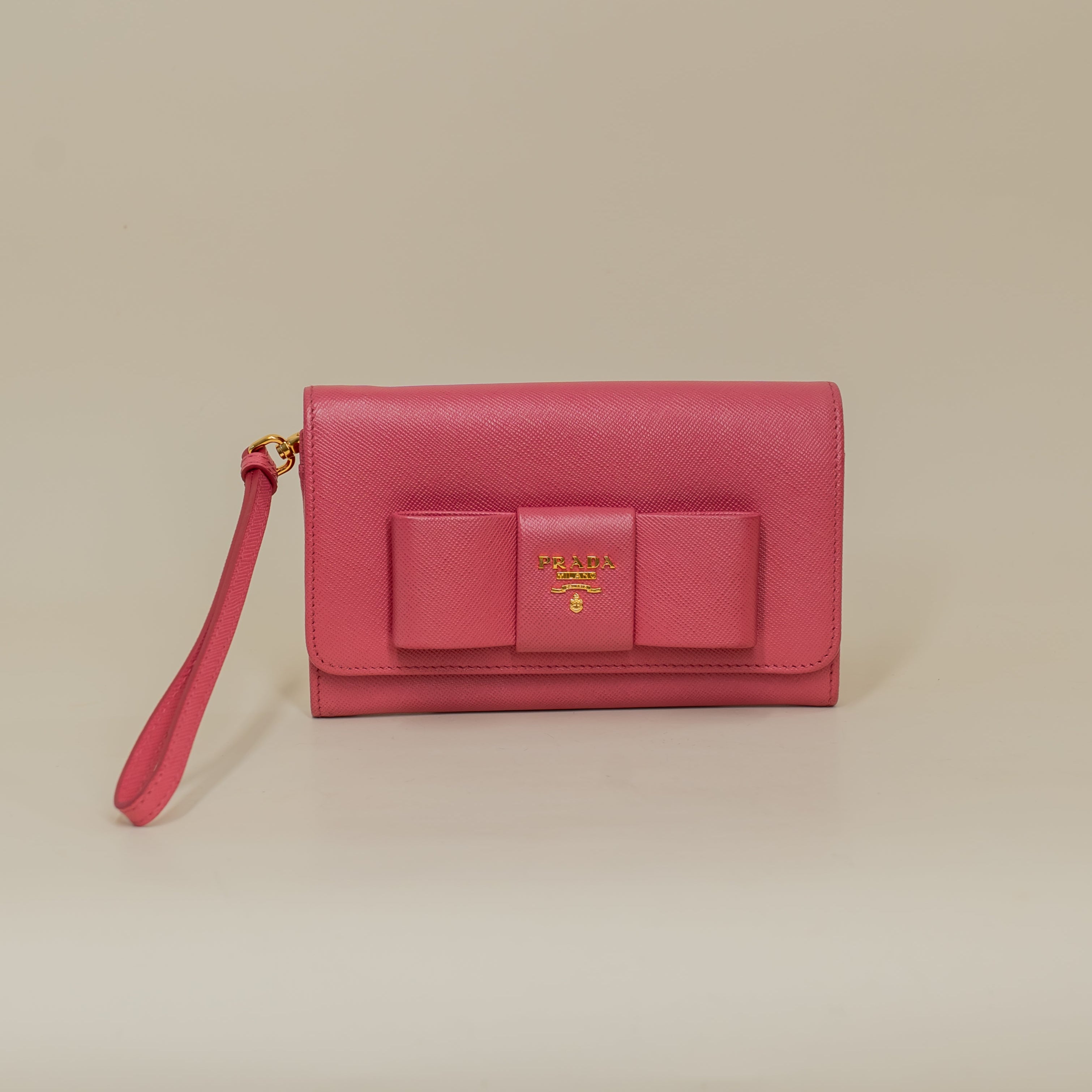 PRE-OWNED Pink Saffiano Leather Bow Wristlet Wallet