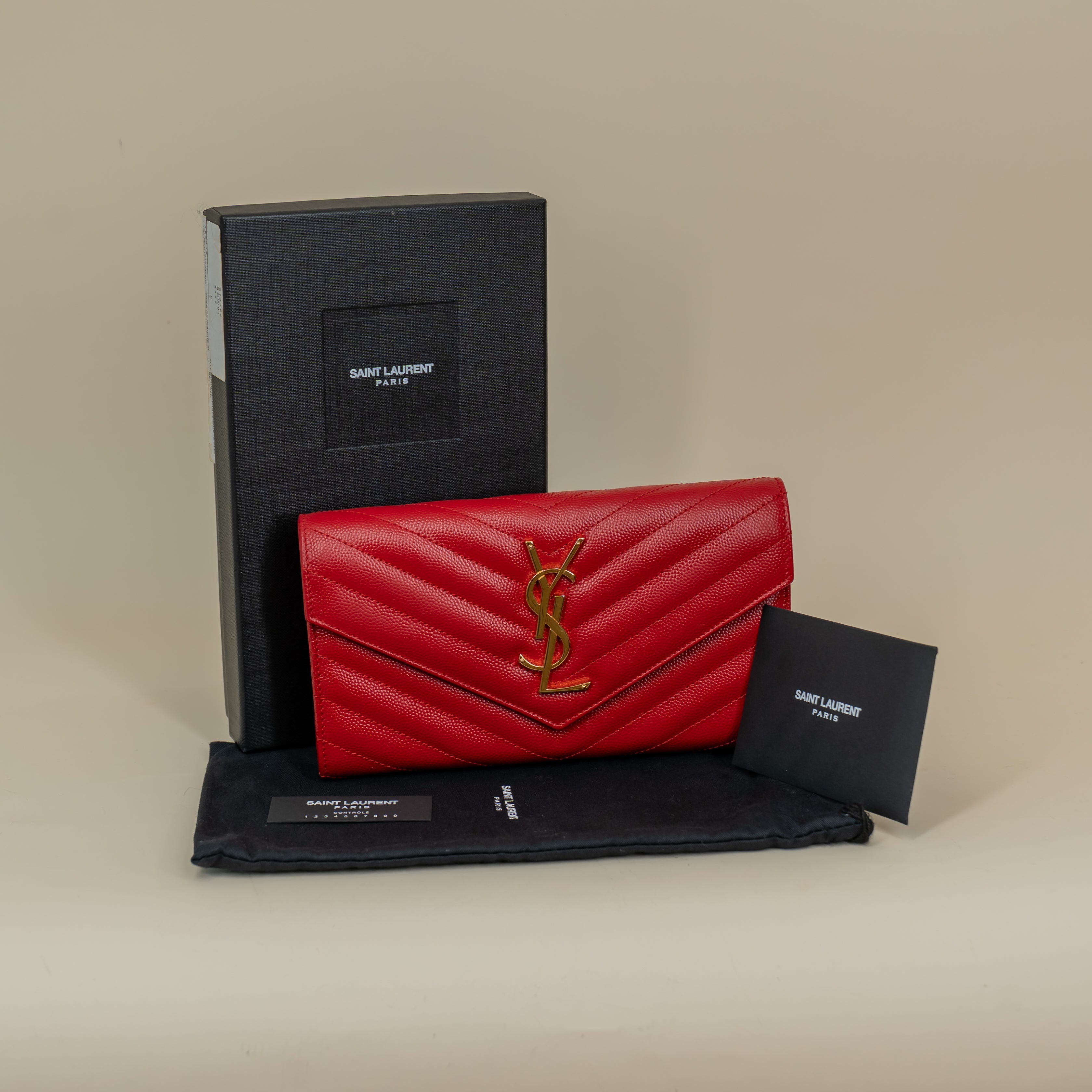 PRE-OWNED Red Grain De Poudre Matelasse Chevron Monogram Flap Wallet