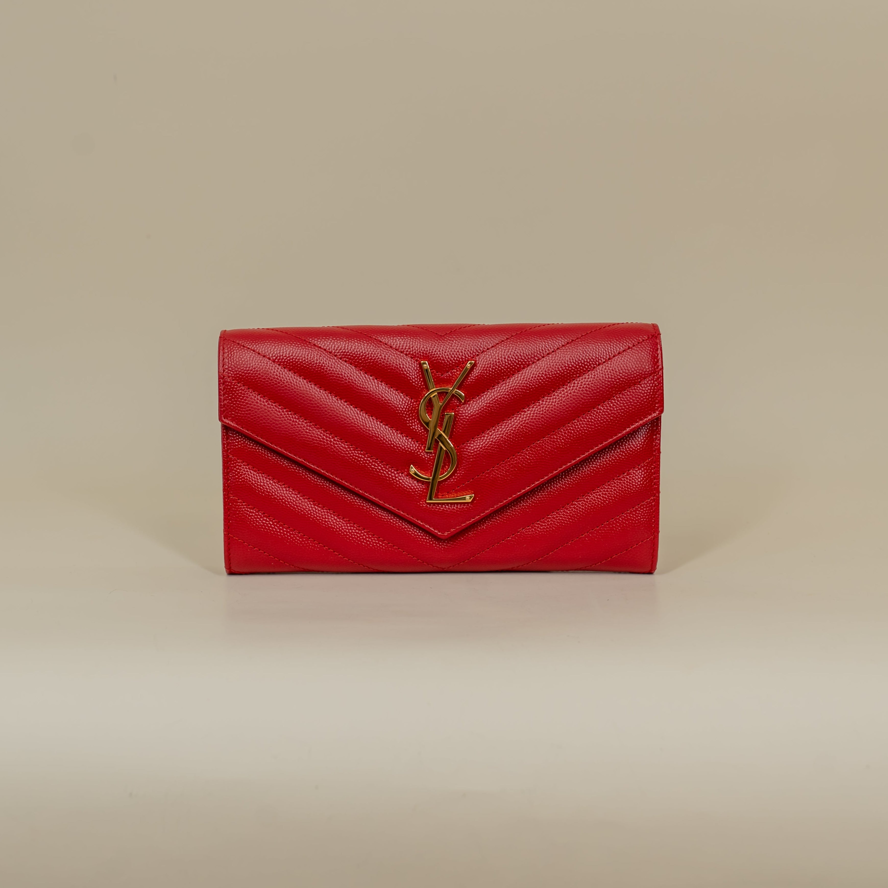 PRE-OWNED Red Grain De Poudre Matelasse Chevron Monogram Flap Wallet