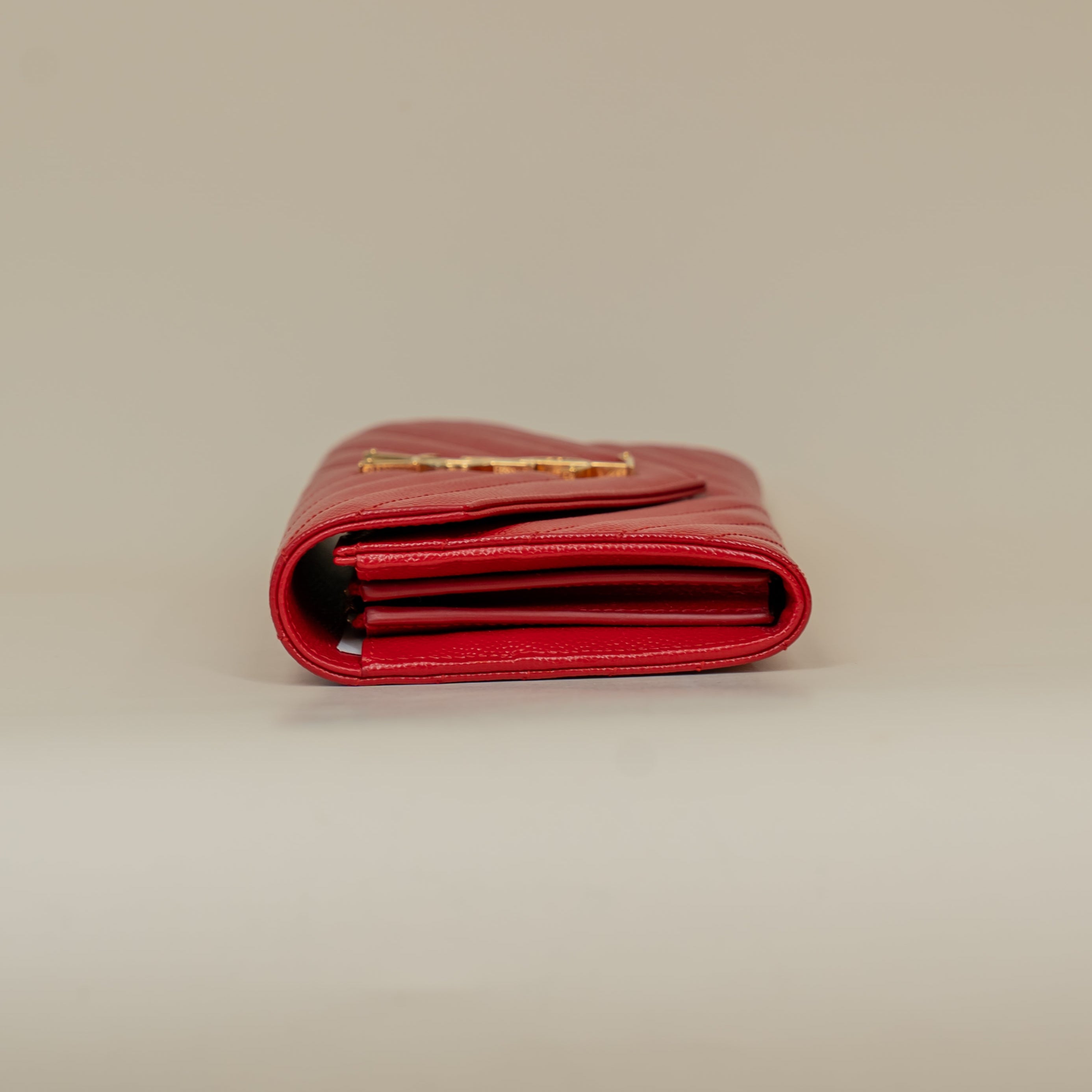 PRE-OWNED Red Grain De Poudre Matelasse Chevron Monogram Flap Wallet