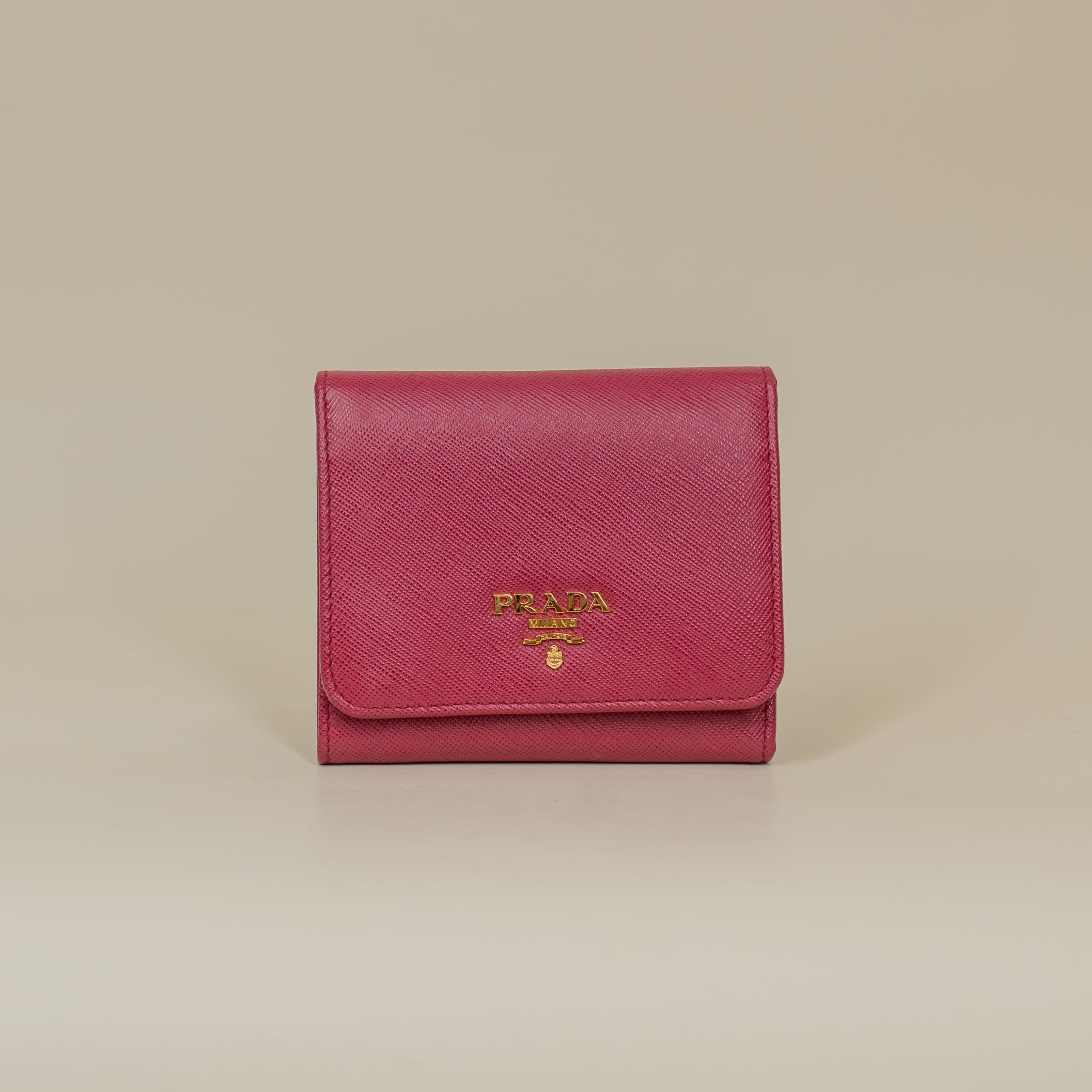 PRE-OWNED Pink Saffiano Metal French Flap Compact Wallet