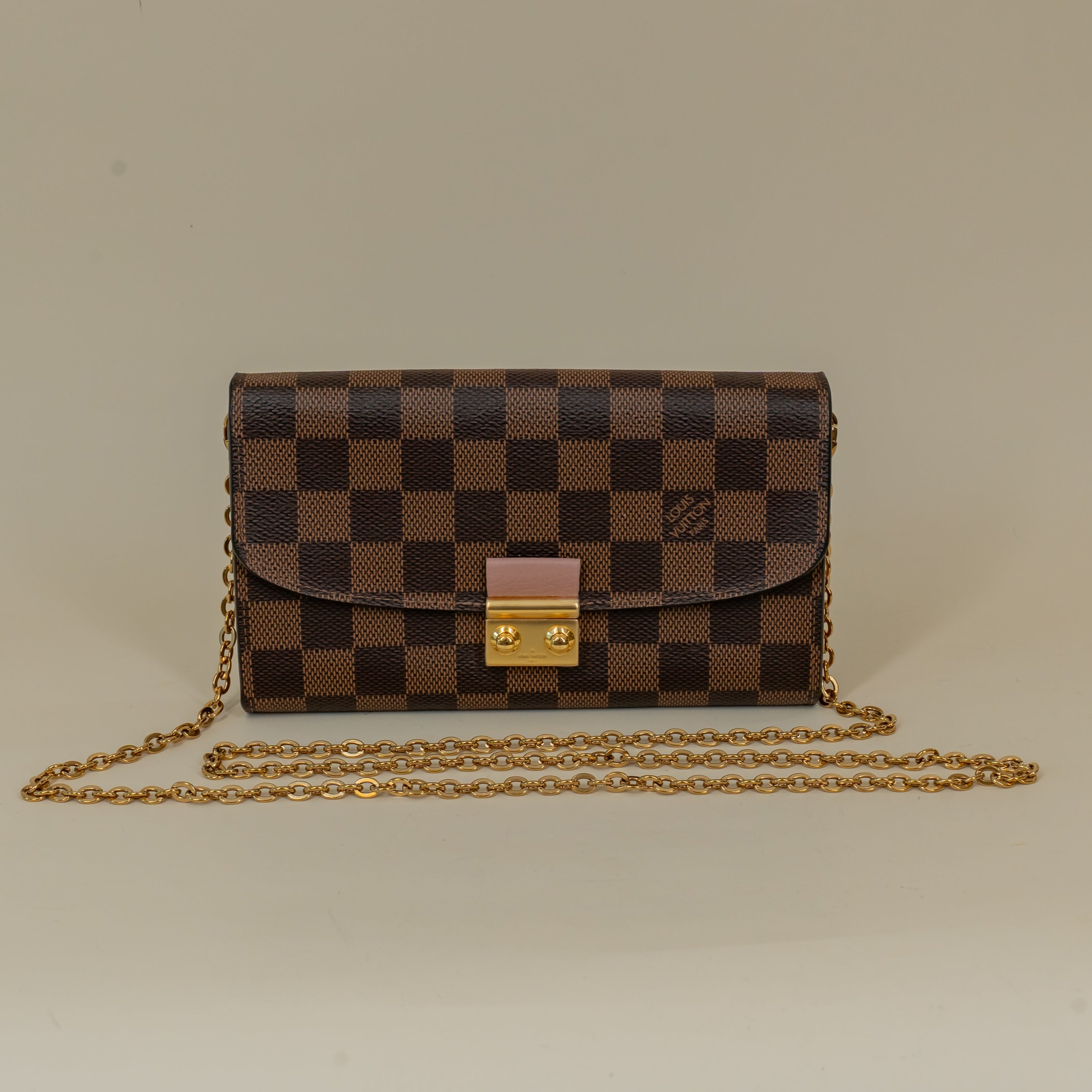 PRE-OWNED Damier Ebene Croisette Chain Wallet Rose Ballerine