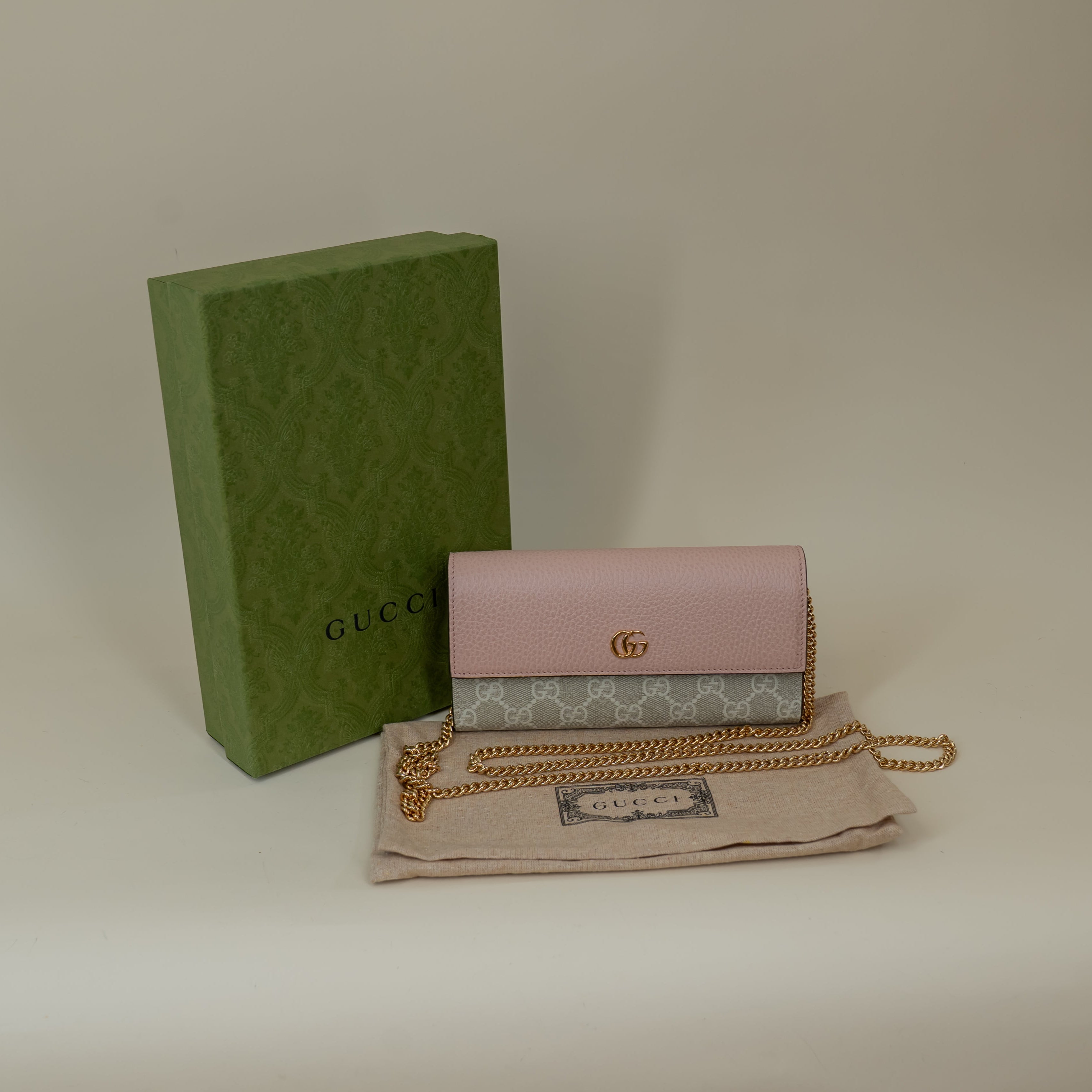 PRE-OWNED GG Dollar Calfskin Supreme Monogram Petite Pink Wallet on a Chain 