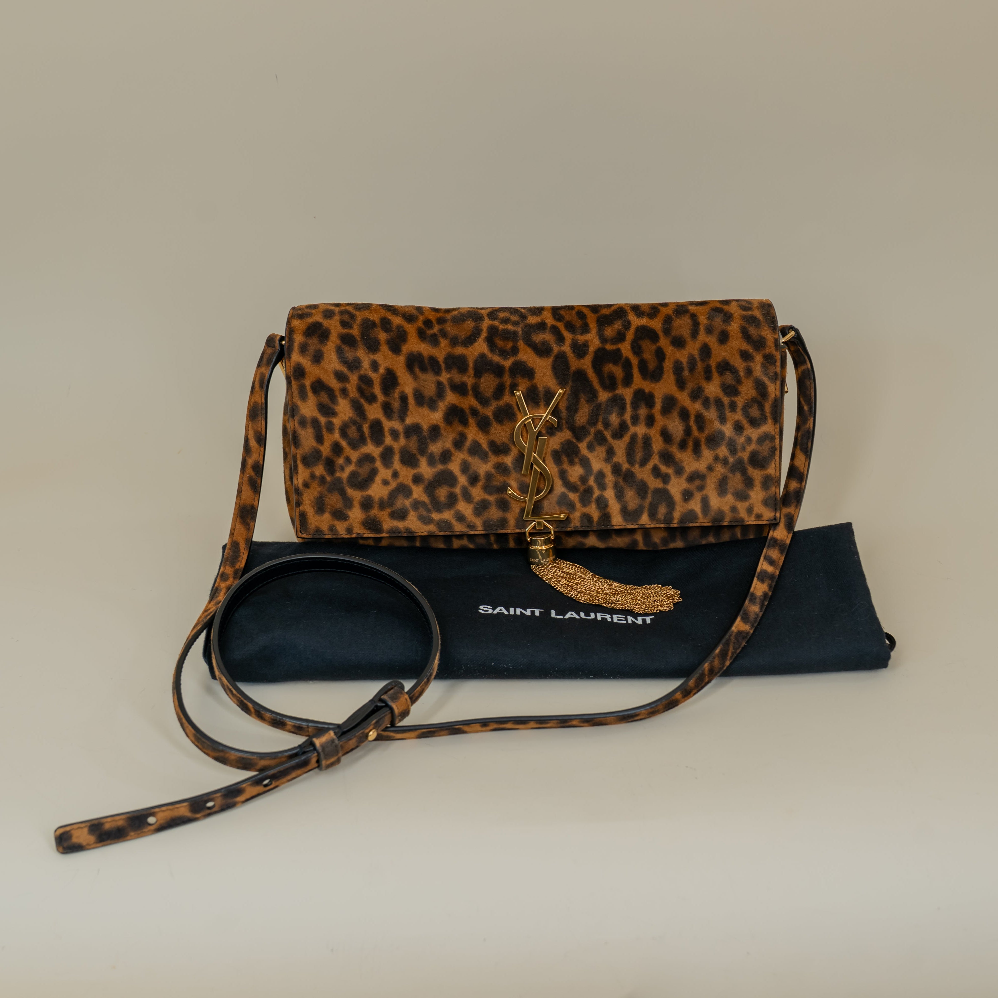 PRE-OWNED Suede Leopard Print Monogram Tassel Kate 99 Crossbody Bag