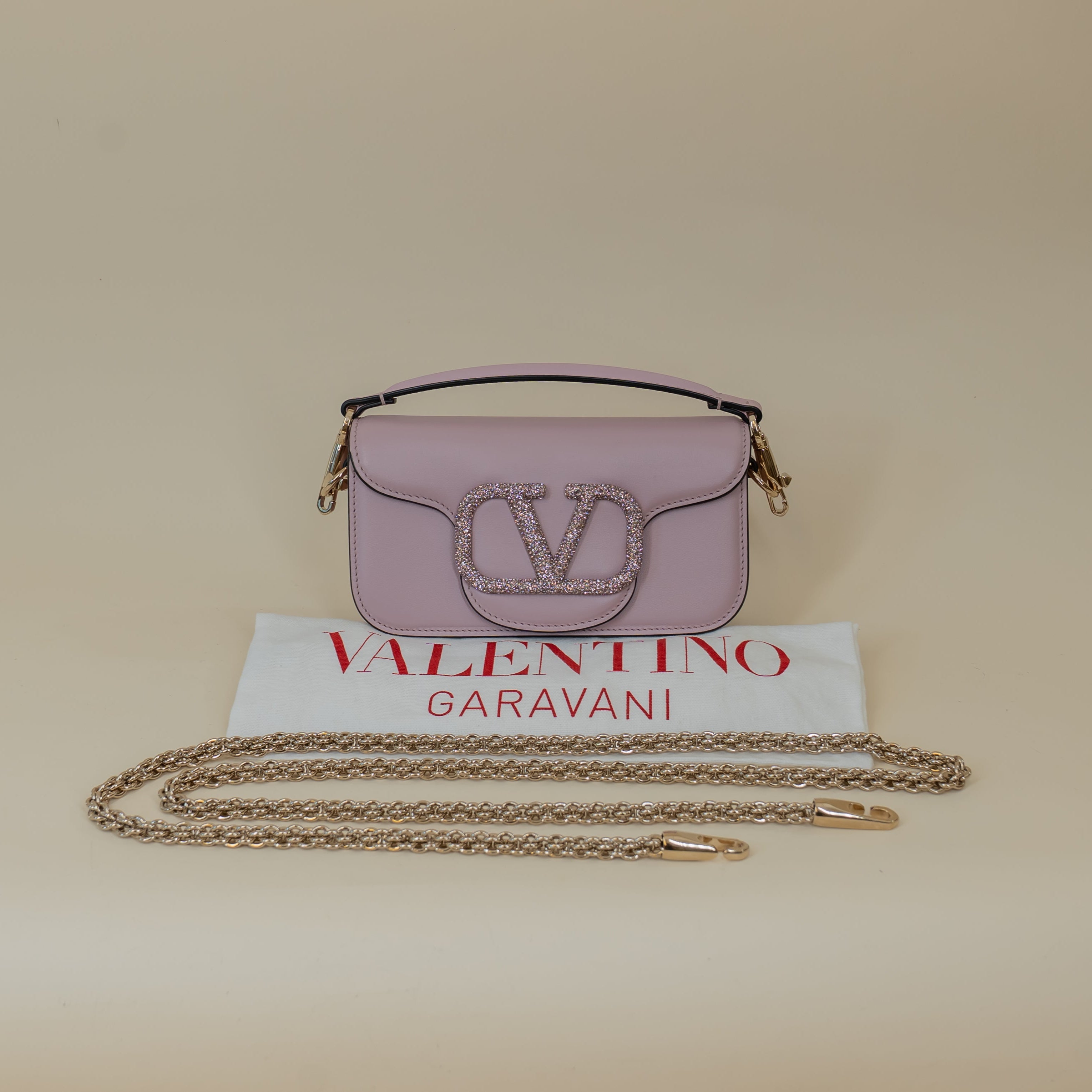 PRE-OWNED Calfskin Crystal Vlogo Small Loco Shoulder Bag Rose Cannelle