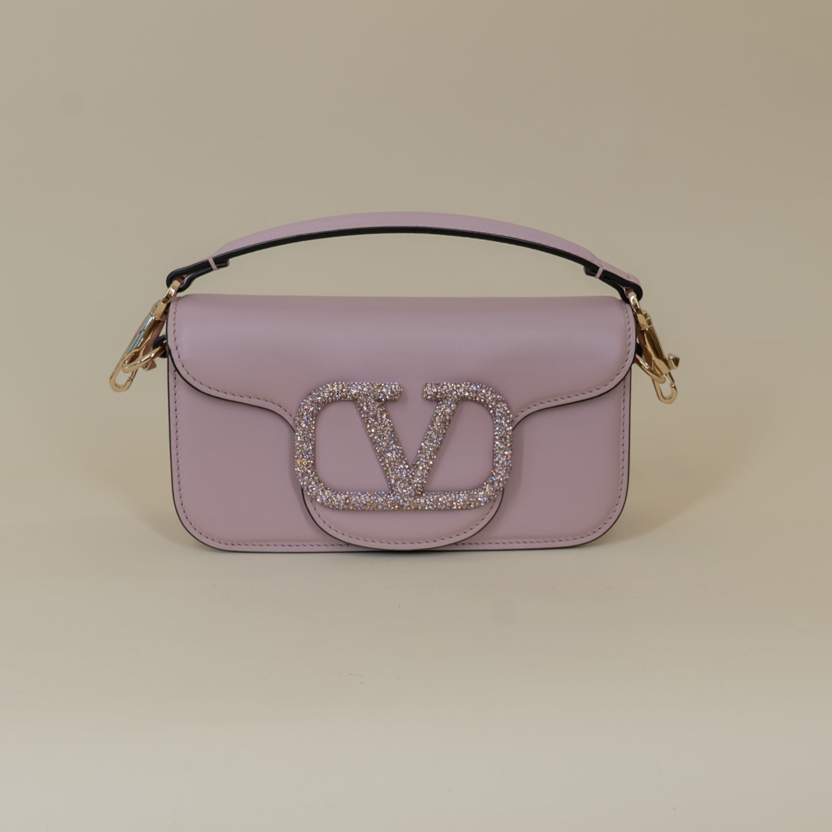 PRE-OWNED Calfskin Crystal Vlogo Small Loco Shoulder Bag Rose Cannelle