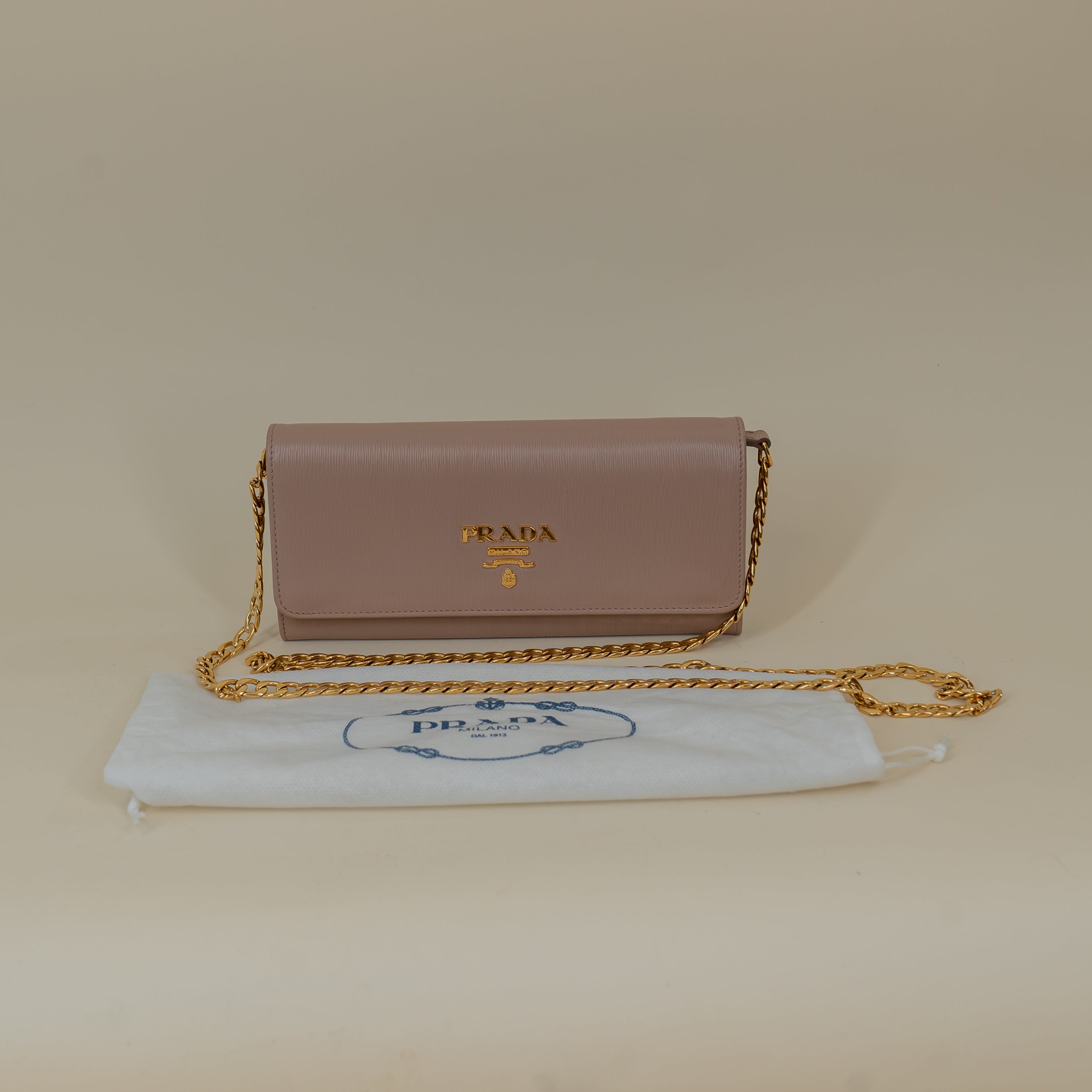 PRADA - Vitello Move Metal Oro Chain Wallet Cipria