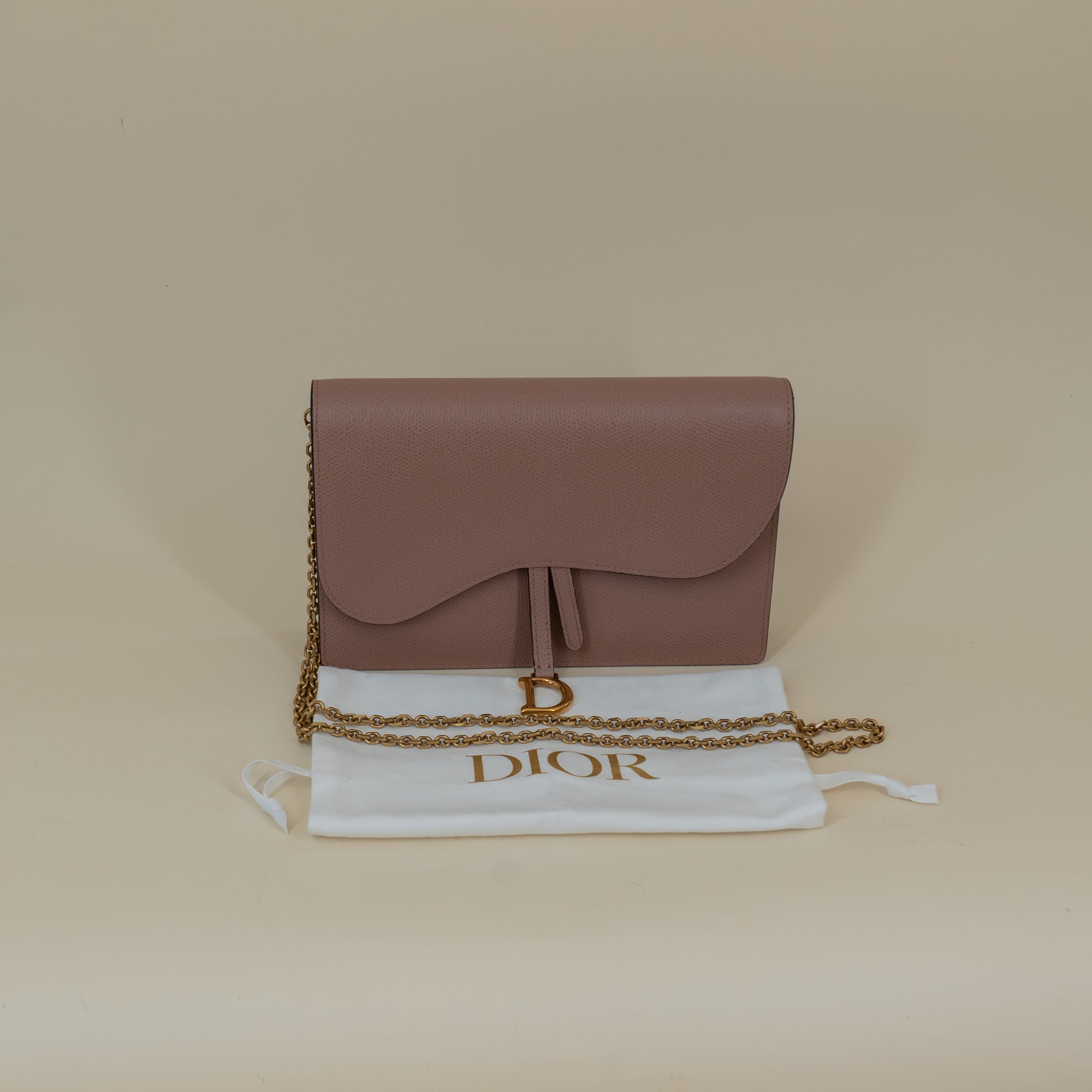 PRE-OWNED Goatskin Saddle Pouch With Chain Rose Shoulder Bag