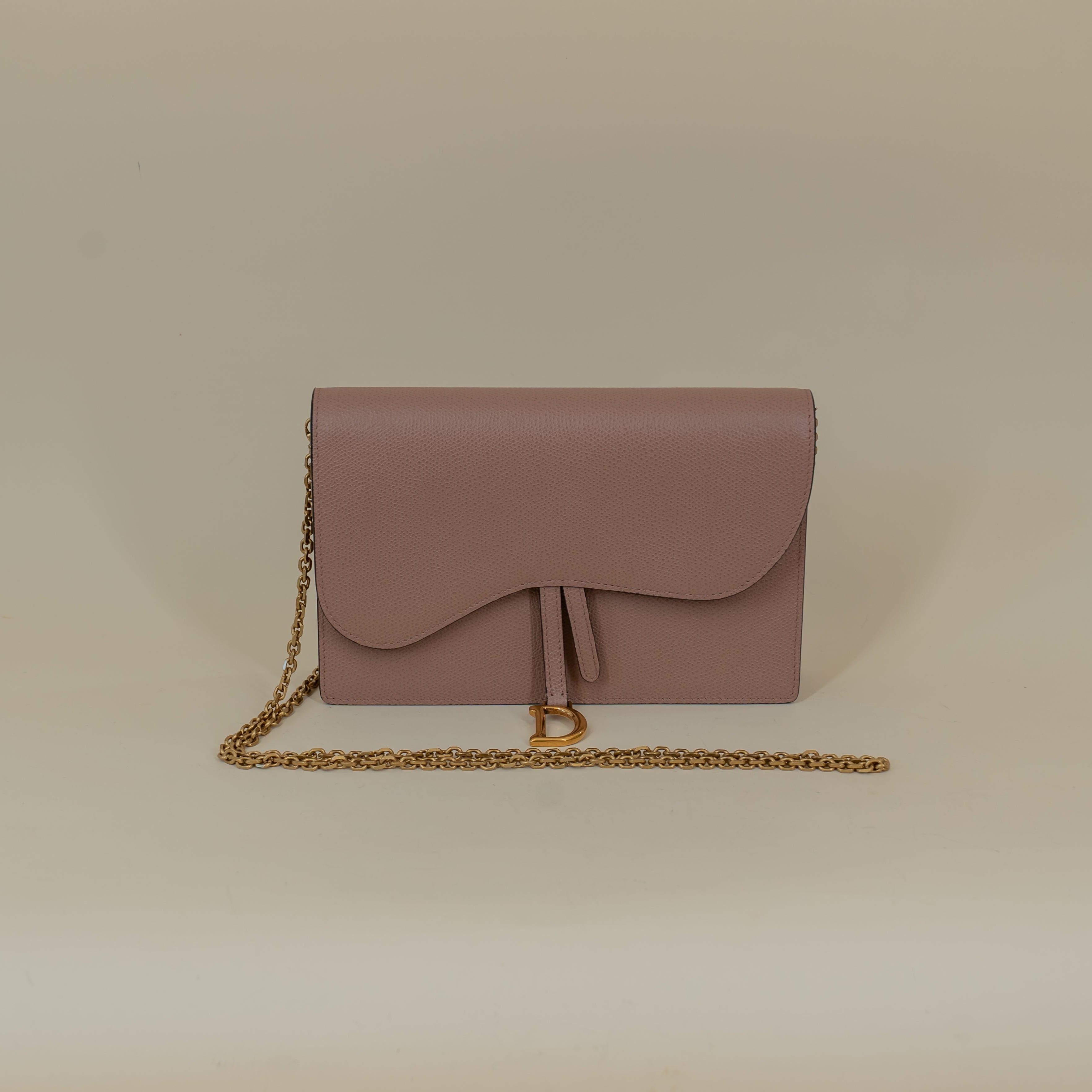 PRE-OWNED Goatskin Saddle Pouch With Chain Rose Shoulder Bag