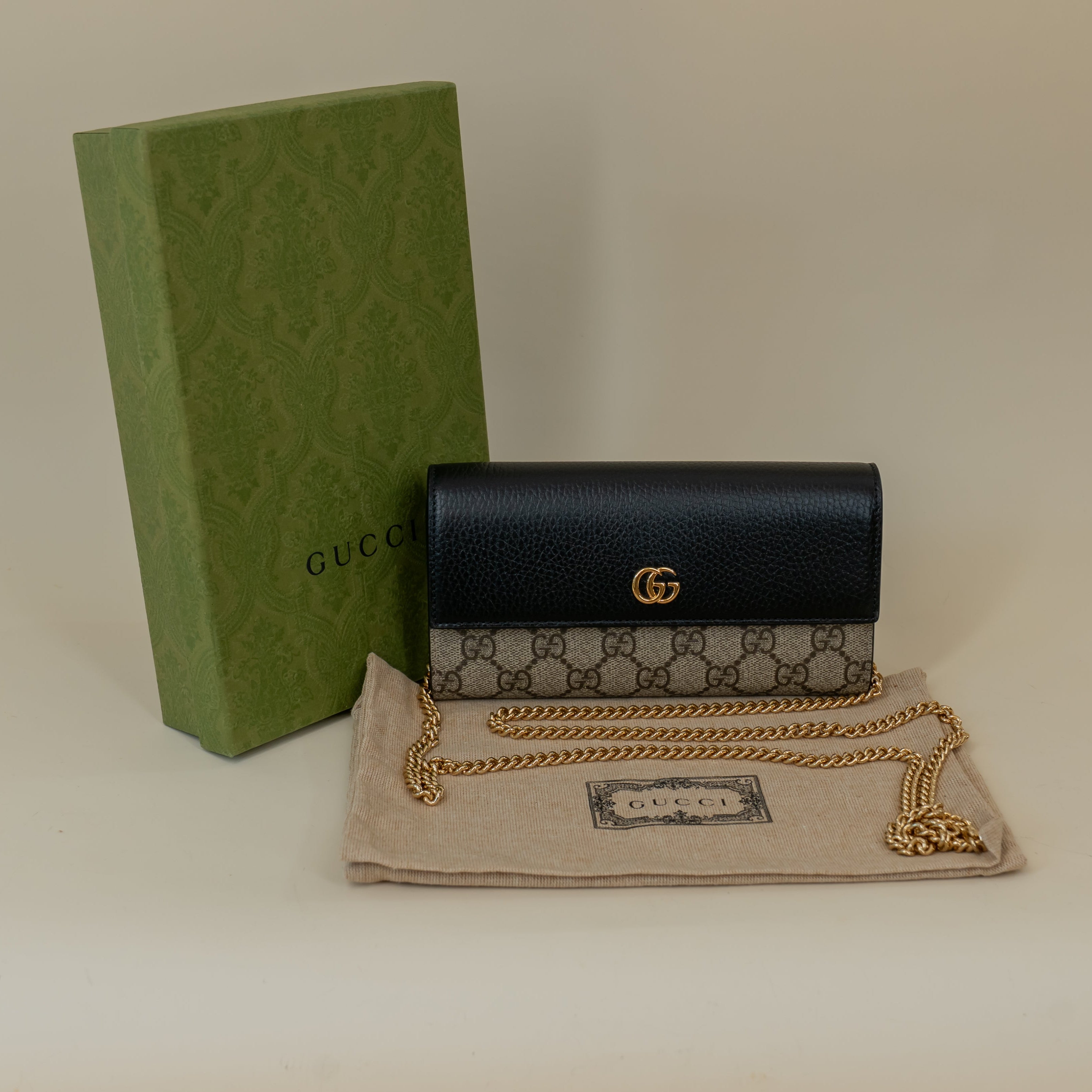PRE-OWNED GG Dollar Calfskin Supreme Monogram Petite Marmont Wallet on a Chain