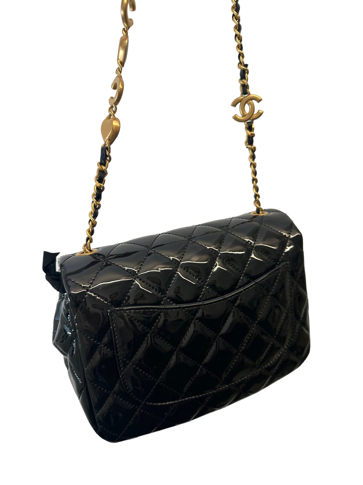 CHANEL - Patent Enamel Quilted Small Coco Hearts Square Flap Black