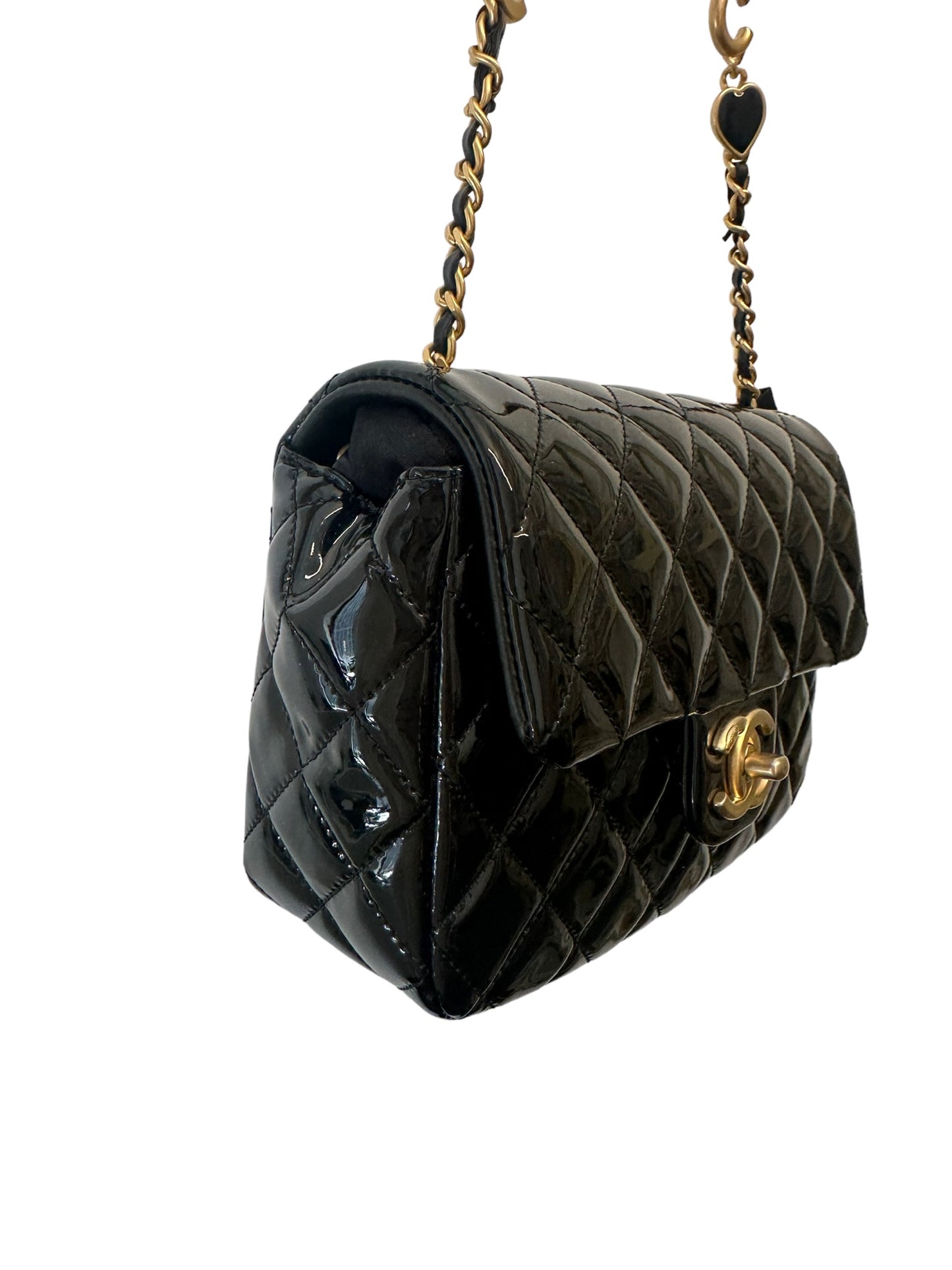 CHANEL - Patent Enamel Quilted Small Coco Hearts Square Flap Black