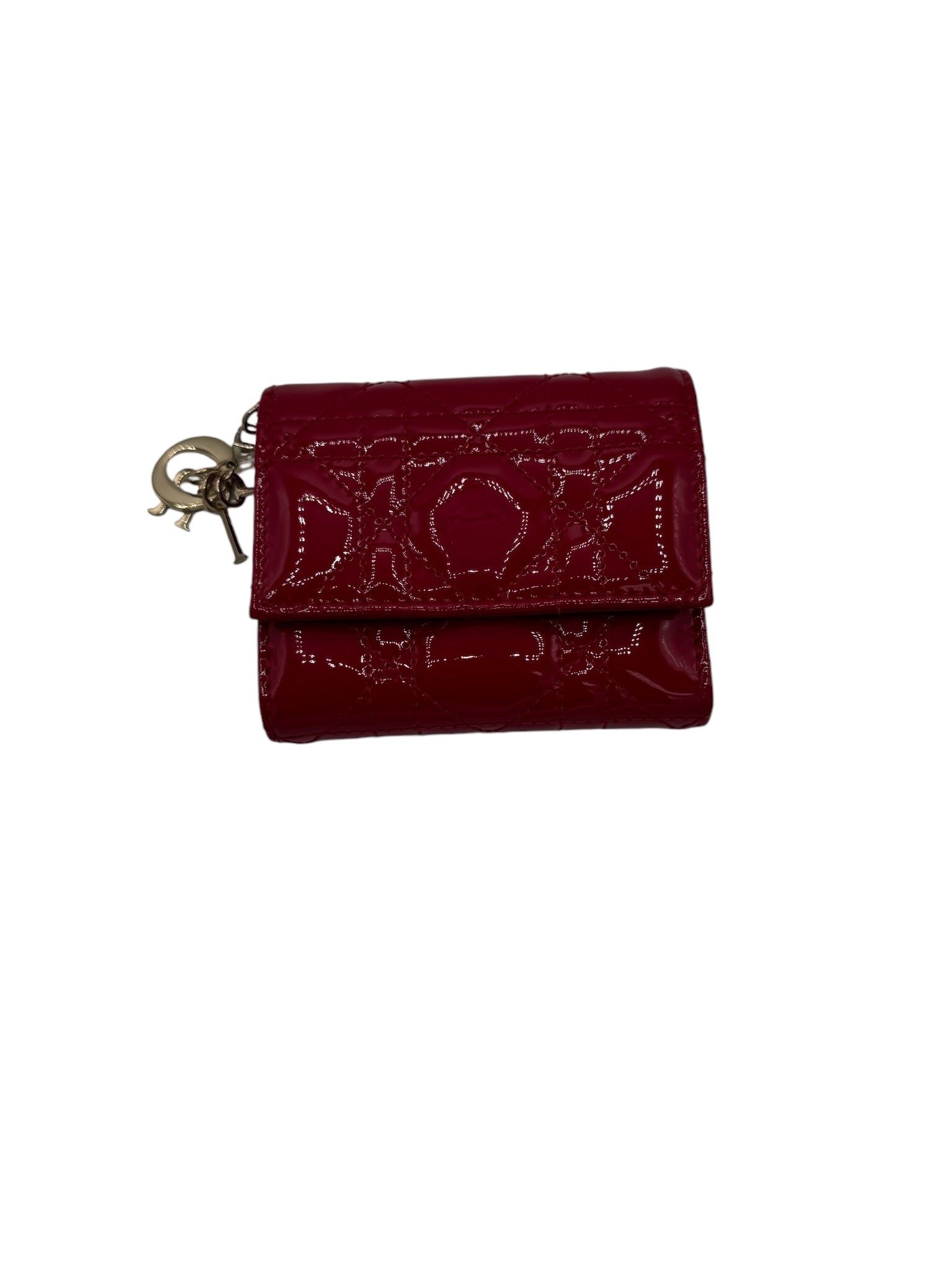 Cartera Lady Dior Lotus de segunda mano, cartera triple de piel de charol roja