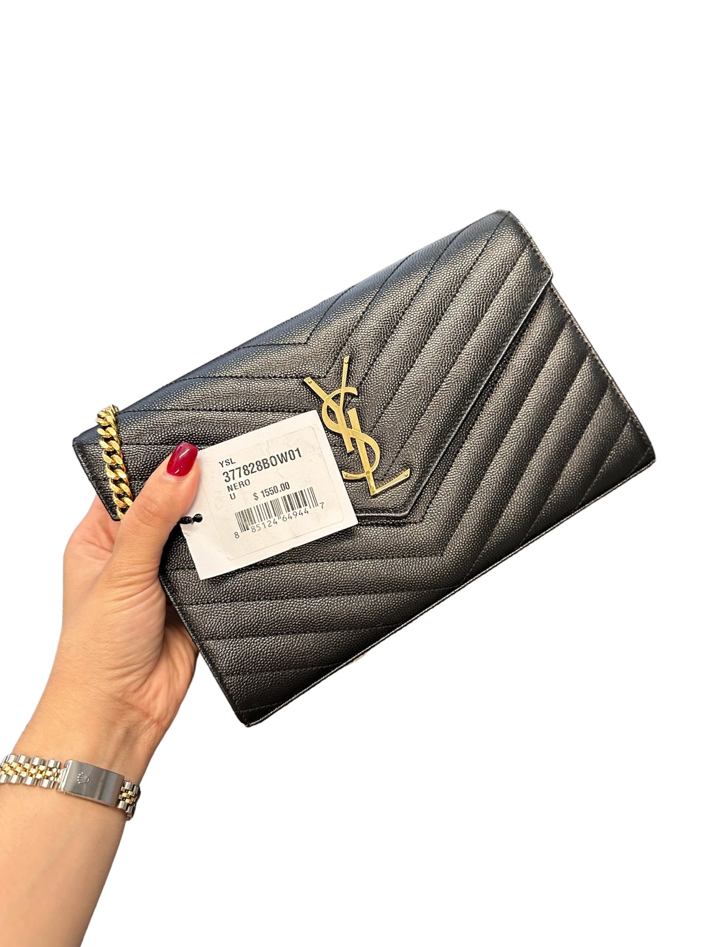 SAINT LAURENT - Black Grain De Poudre Classic Monogram Wallet on Chain