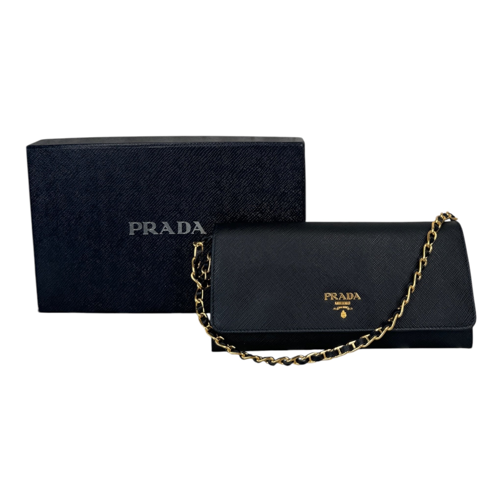 PRE-OWNED Black Saffiano Leather Wallet on Chain Crossbody Bag