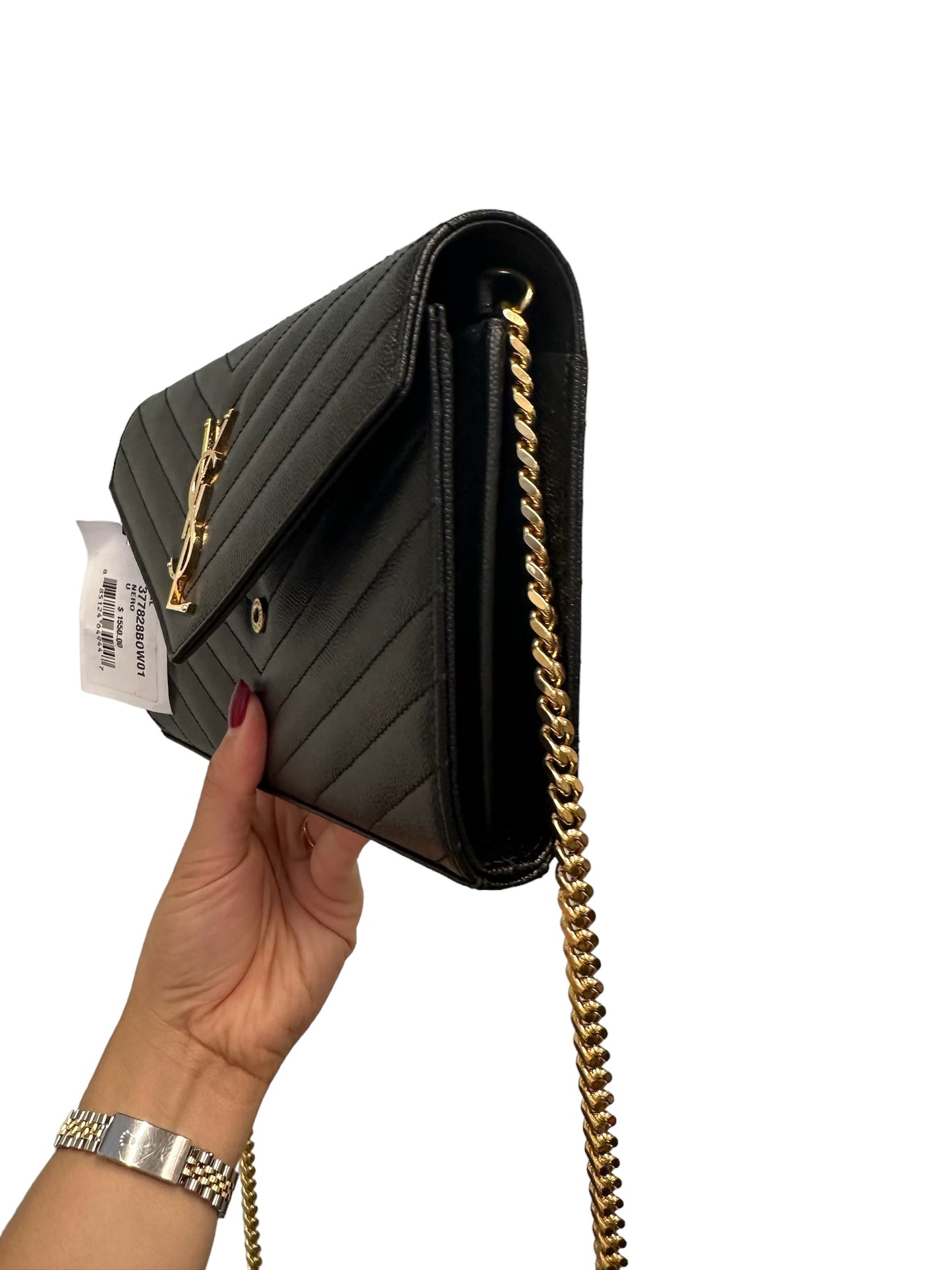 SAINT LAURENT - Black Grain De Poudre Classic Monogram Wallet on Chain