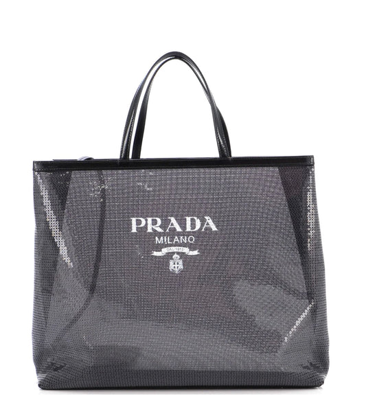 PRADA - Logo Open Tote Sequined Mesh Large