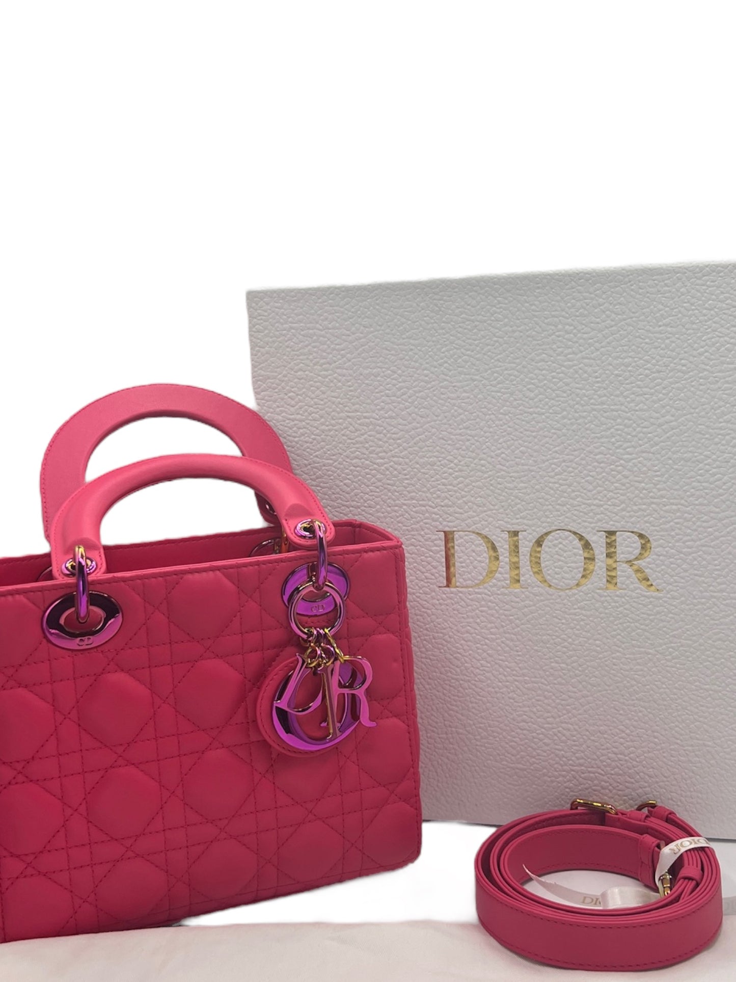 DIOR - Small Pink Lambskin Lady Dior Rainbow Hardware