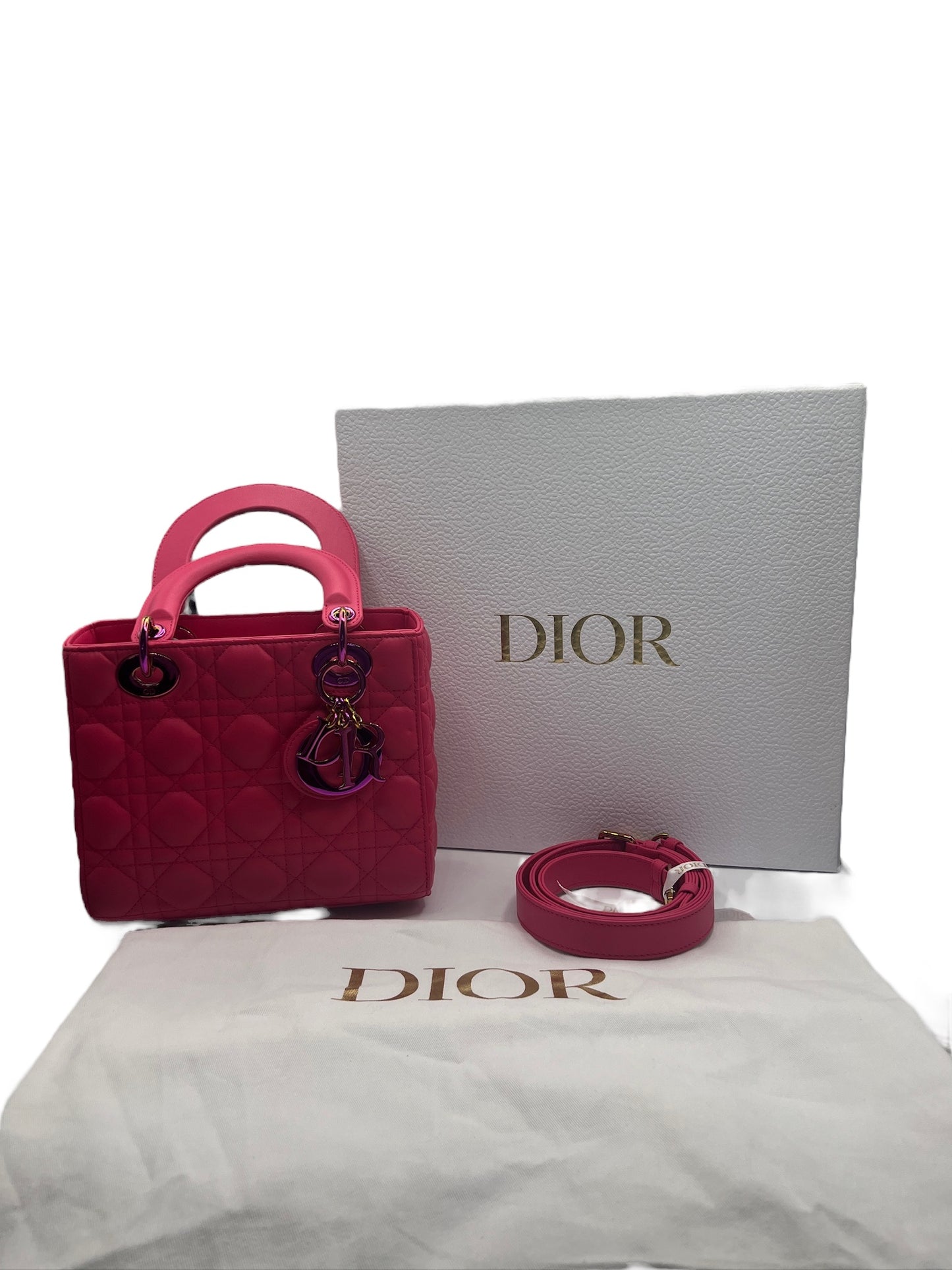 DIOR - Small Pink Lambskin Lady Dior Rainbow Hardware