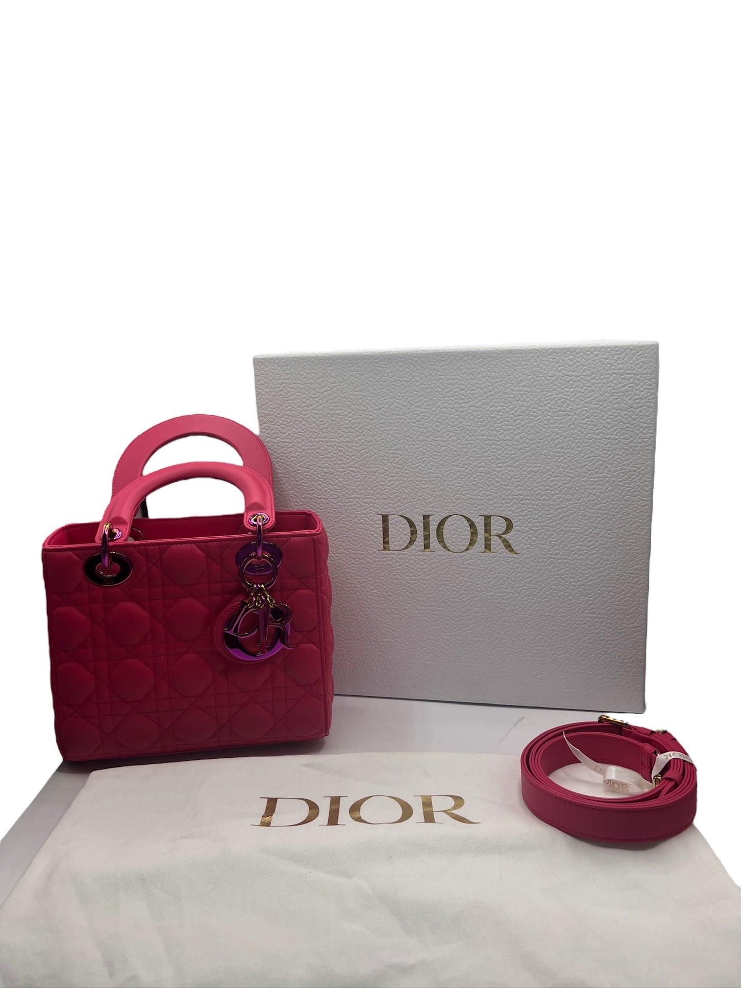 DIOR - Small Pink Lambskin Lady Dior Rainbow Hardware