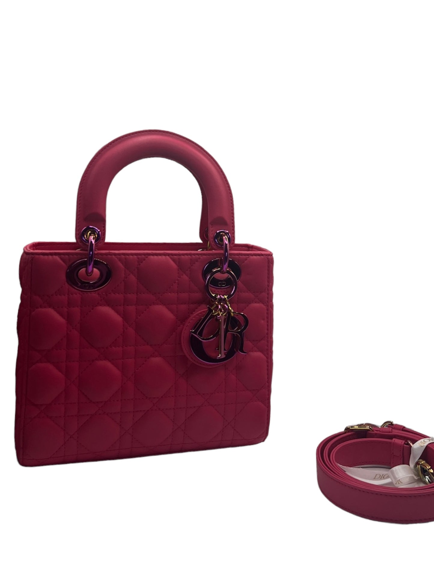 DIOR - Small Pink Lambskin Lady Dior Rainbow Hardware