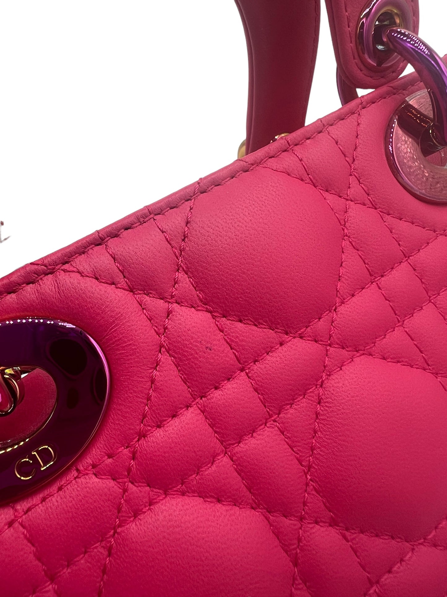 DIOR - Small Pink Lambskin Lady Dior Rainbow Hardware