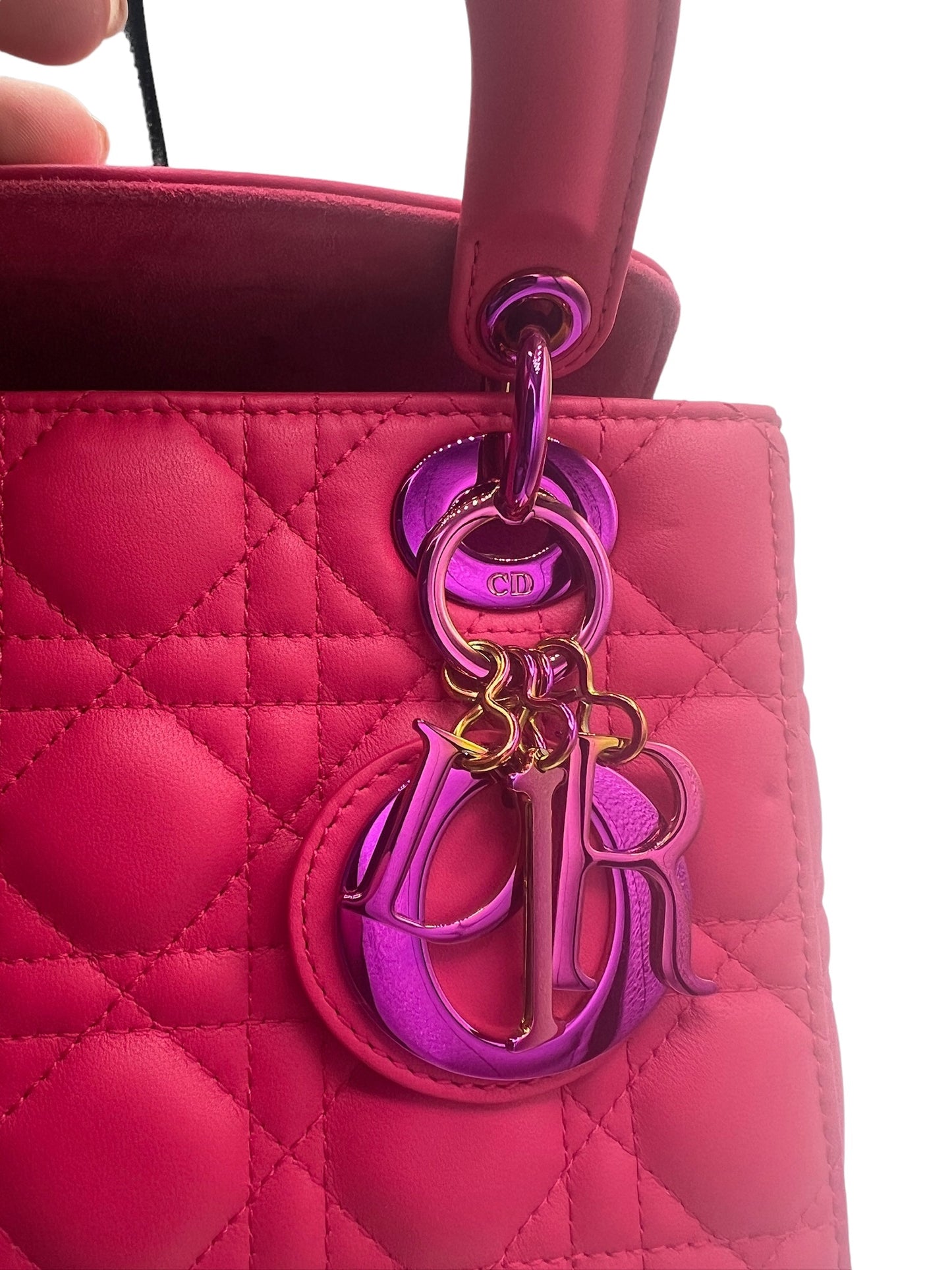 DIOR - Small Pink Lambskin Lady Dior Rainbow Hardware