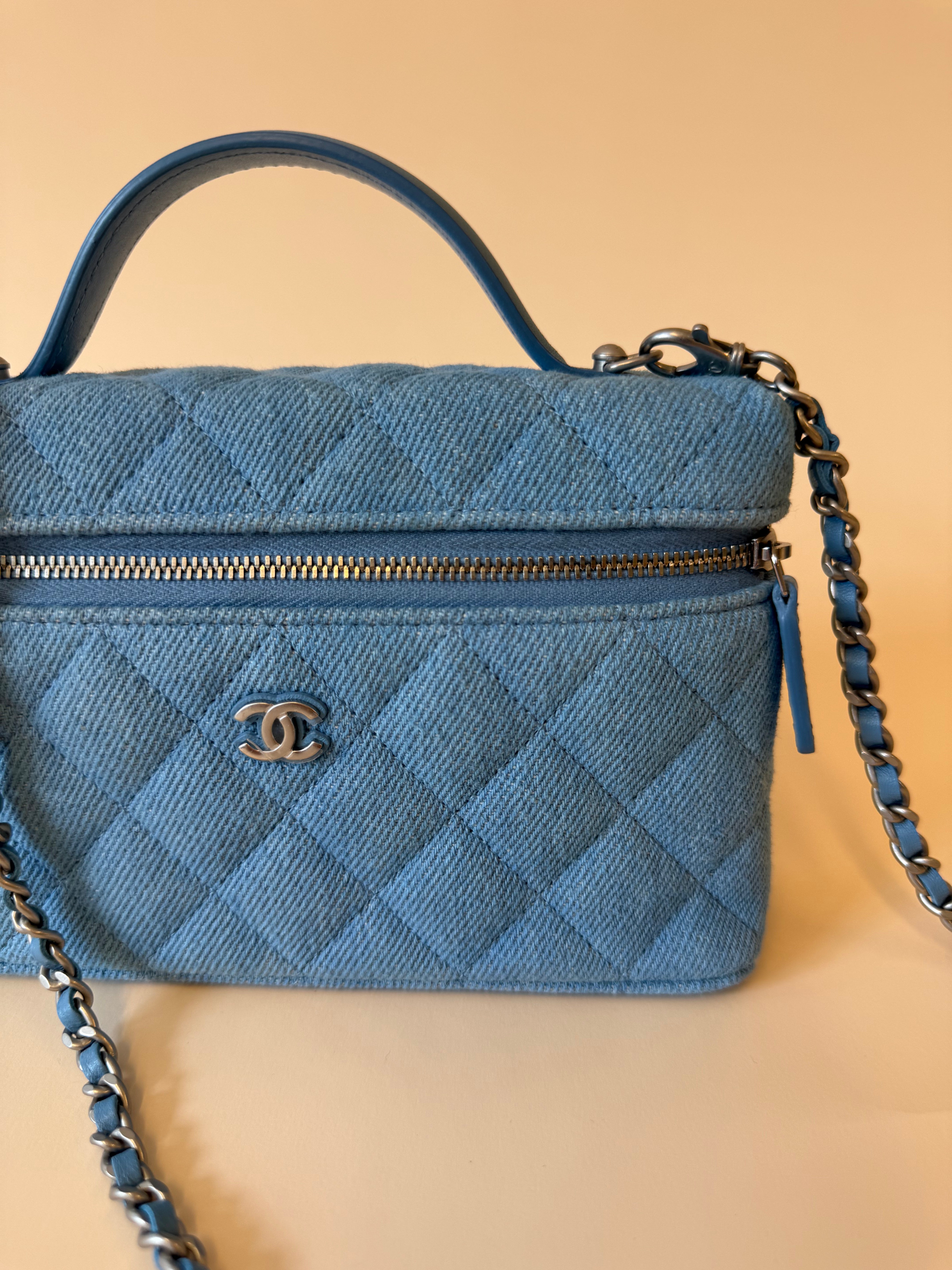 PRE-OWNED  CC Denim Quilted Top Handle Slim Vanity Case With Chain Blue