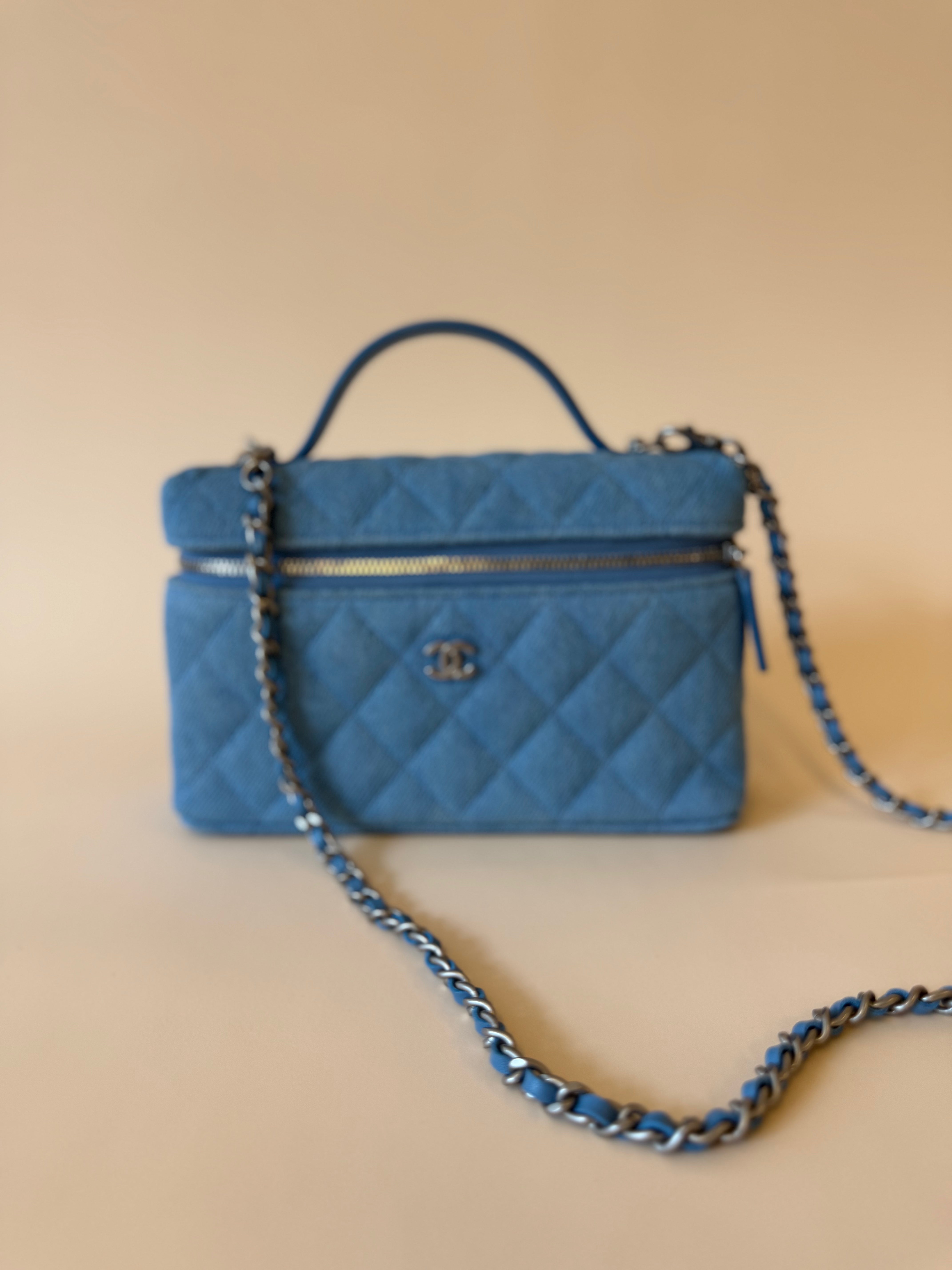 PRE-OWNED  CC Denim Quilted Top Handle Slim Vanity Case With Chain Blue