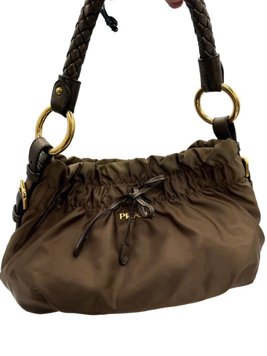 PRADA - Gathered Handbag Khaki Nylon Leather