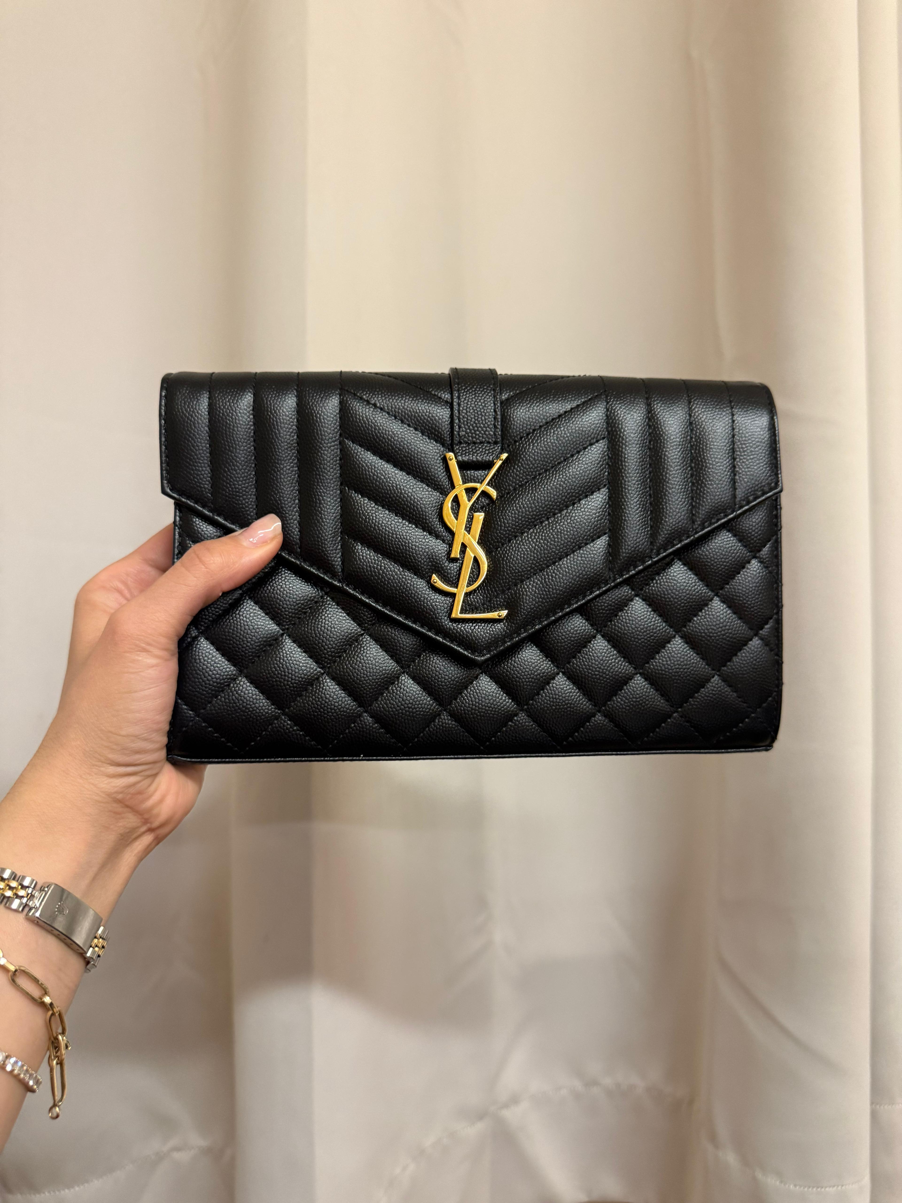 PRE-OWNED YSL Black Envelope Triquilt YSL Wallet On Chain