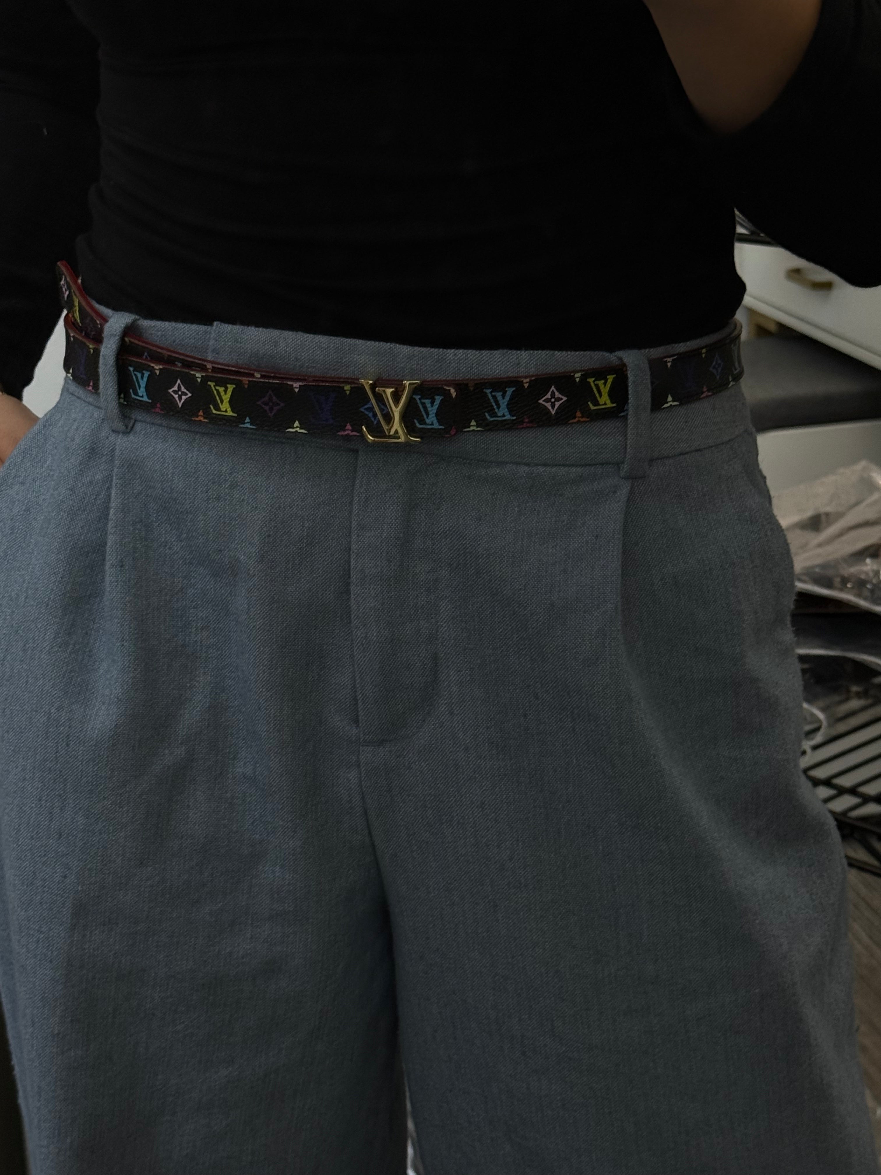 PRE-OWNED LV Black Multicolore Canvas Initiales 30mm Belt 80/32