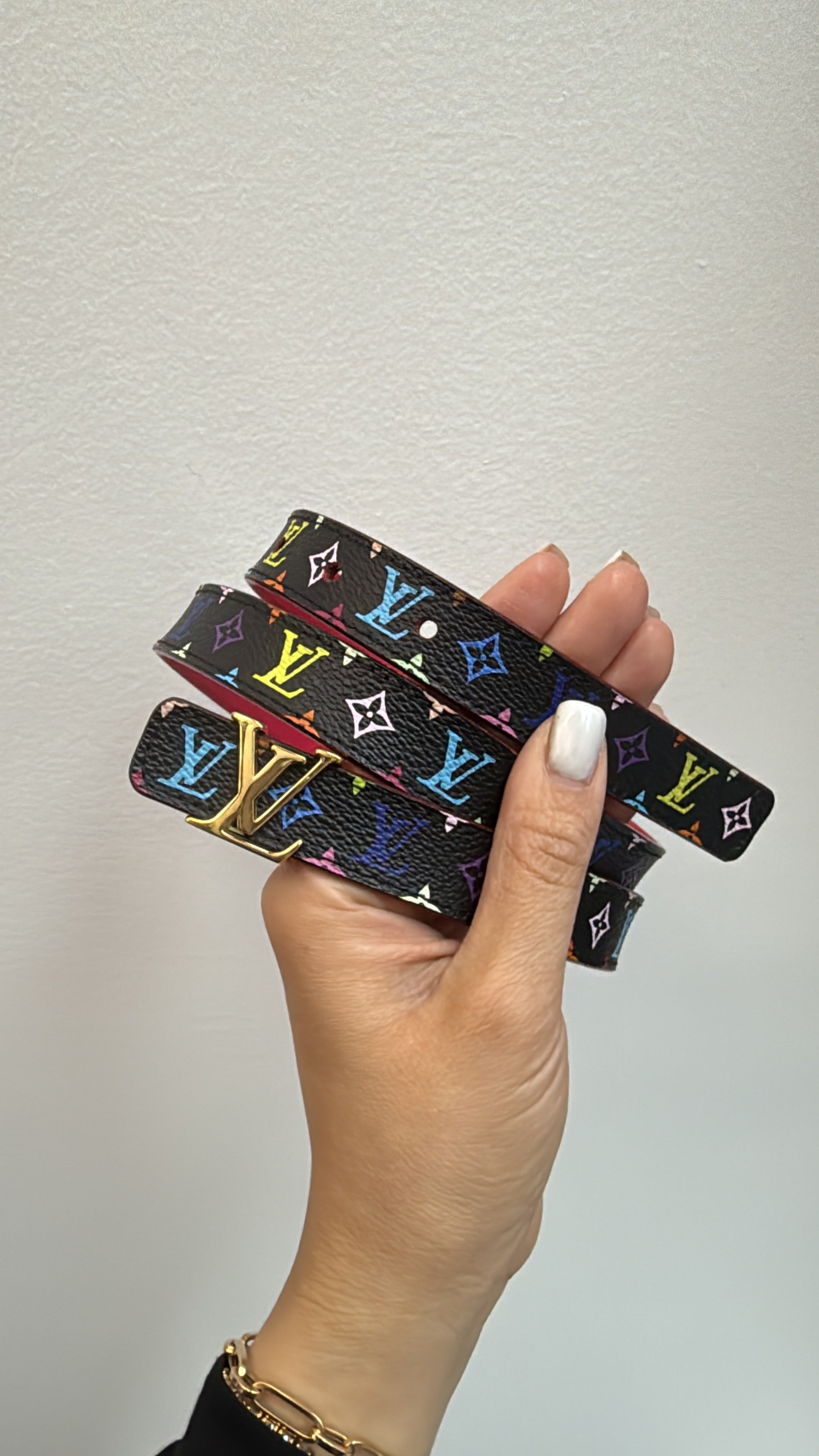 PRE-OWNED LV Black Multicolore Canvas Initiales 30mm Belt 80/32