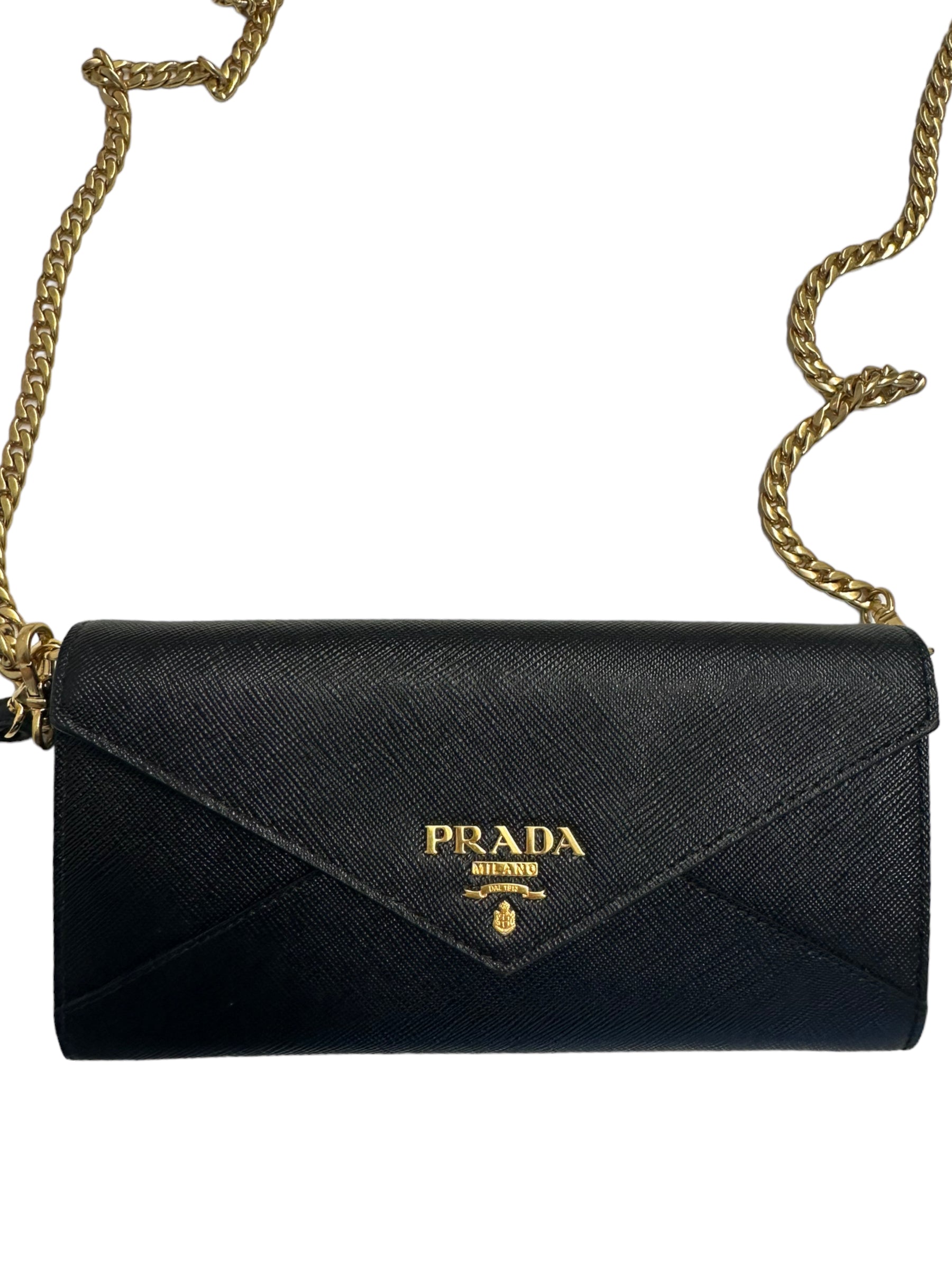 PRADA - Black Saffiano Envelope Chain Wallet