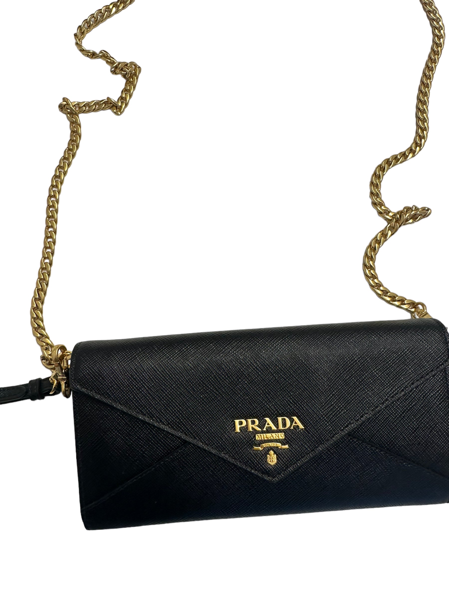 PRADA - Black Saffiano Envelope Chain Wallet