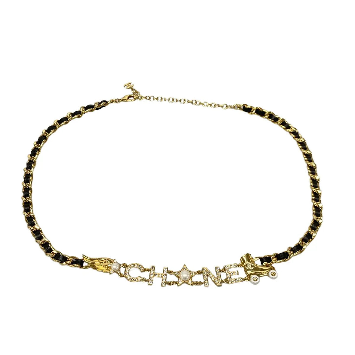 PRE-OWNED Belt Gold Black Cream Clear Hardware Leather Rhinestones Fake Pearl